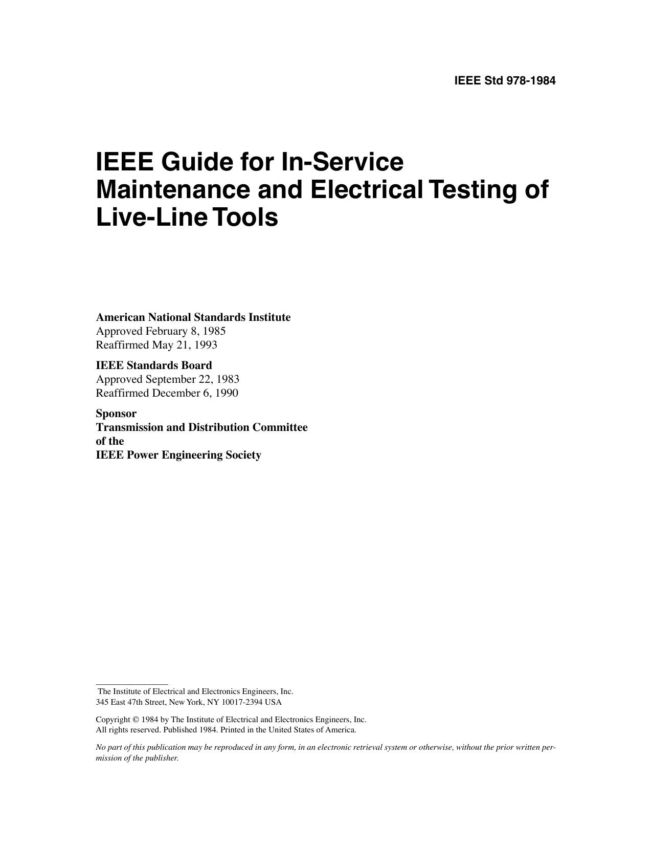 IEEE Std 978-1984 IEEE Guide for In-Service Maintenance and Electrical Testing of Live-Line Tools by Transmission & Distribution Committee of the IEEE Power Engineering Society