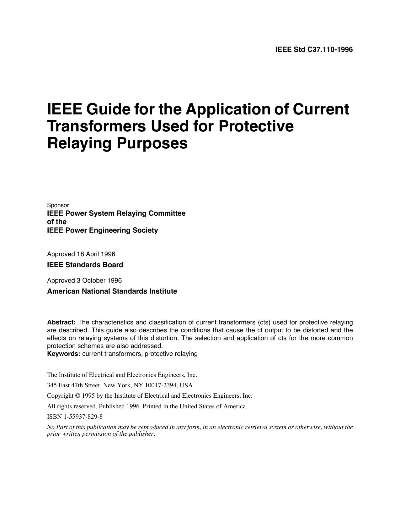 IEEE Std C37.110-1996, IEEE Guide for the Application of Current Transformers Used for Protective Relaying Purposes by IEEE Power System Relaying Committee of the IEEE Power Engineering Society