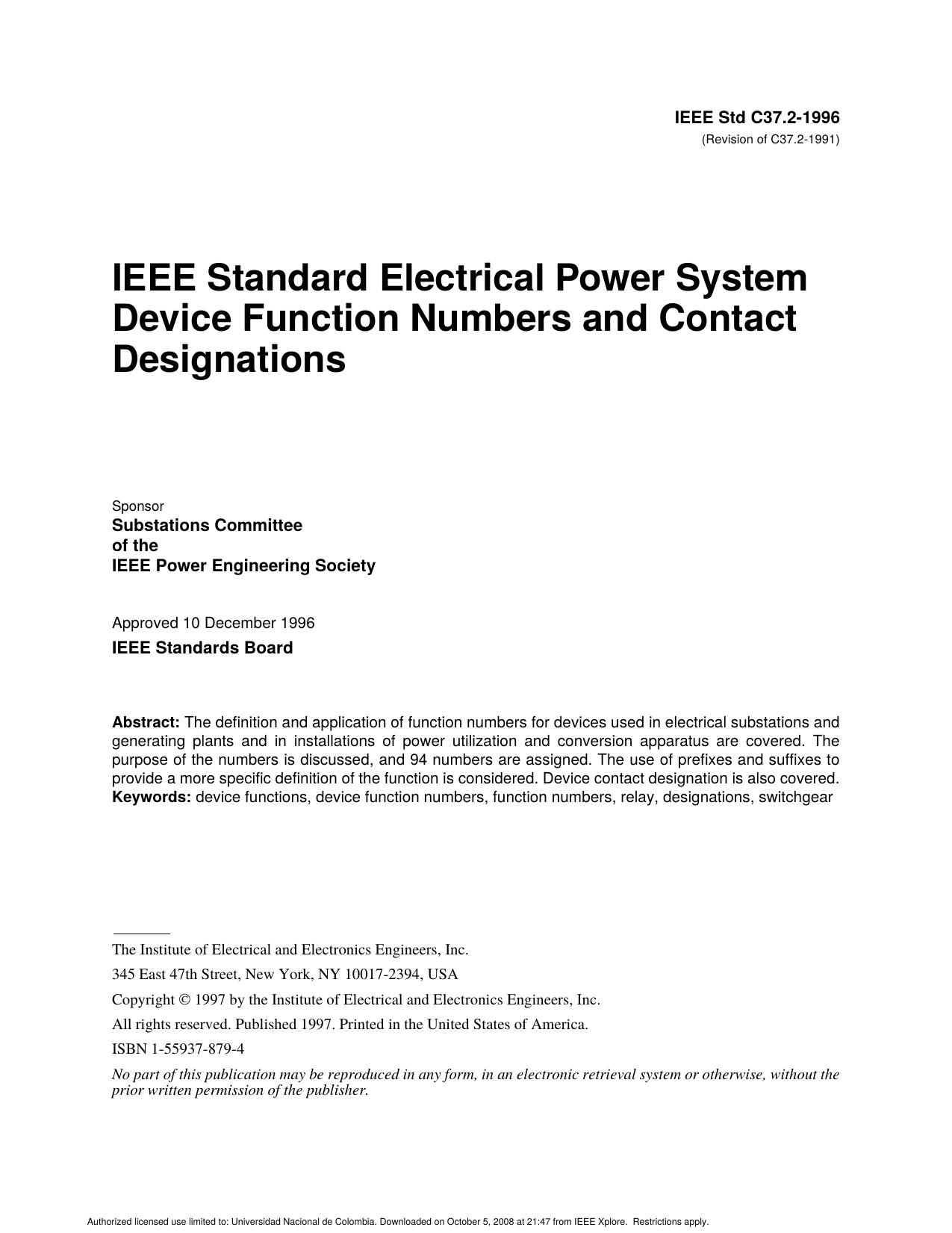 IEEE Std C37.2-1996 (Revision of C37.2-1991) IEEE Standard Electrical by Substations Committee of the IEEE Power Engineering Society