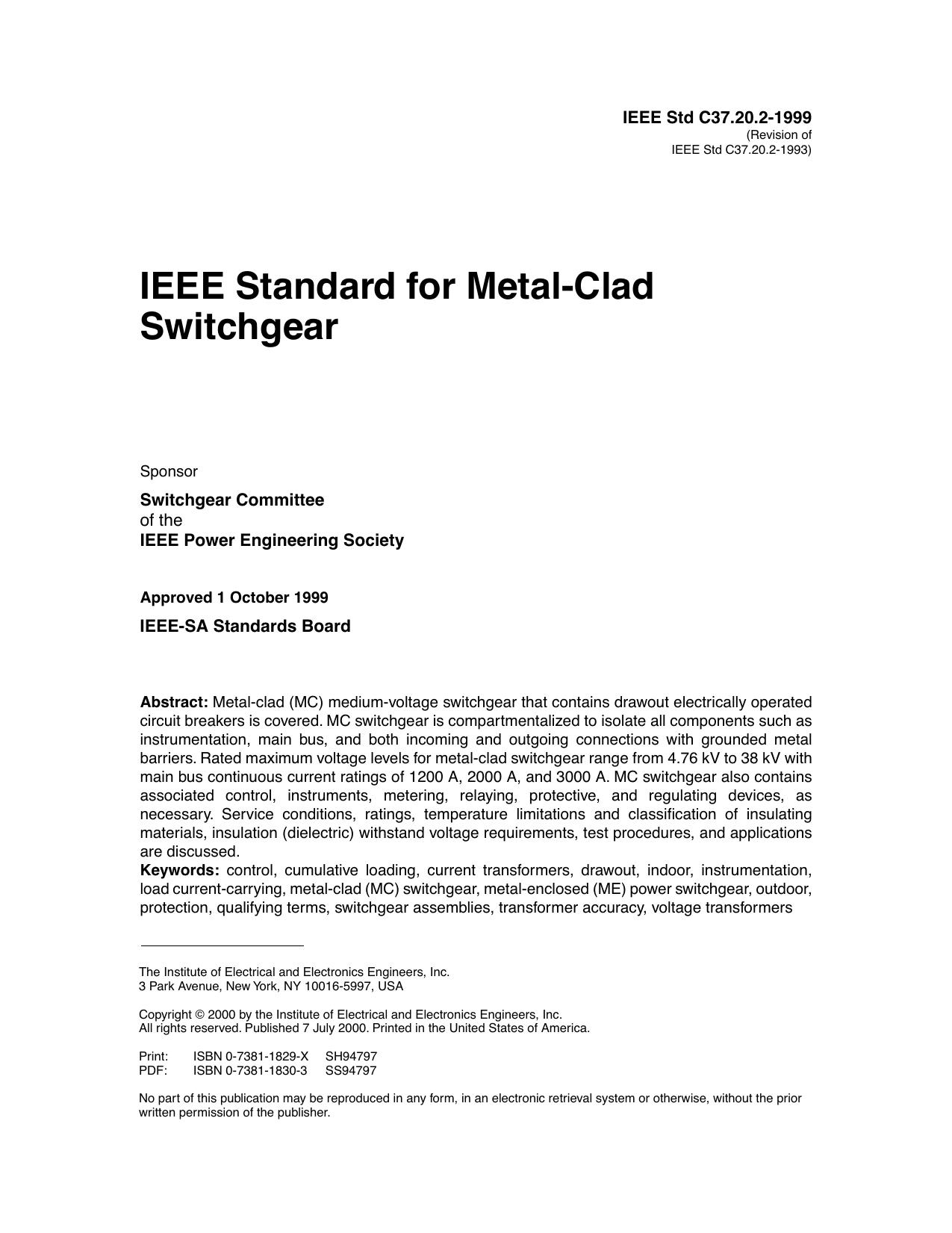 IEEE Std C37.20.2-1999, IEEE Standard for Metal-Clad by Switchgear Committee