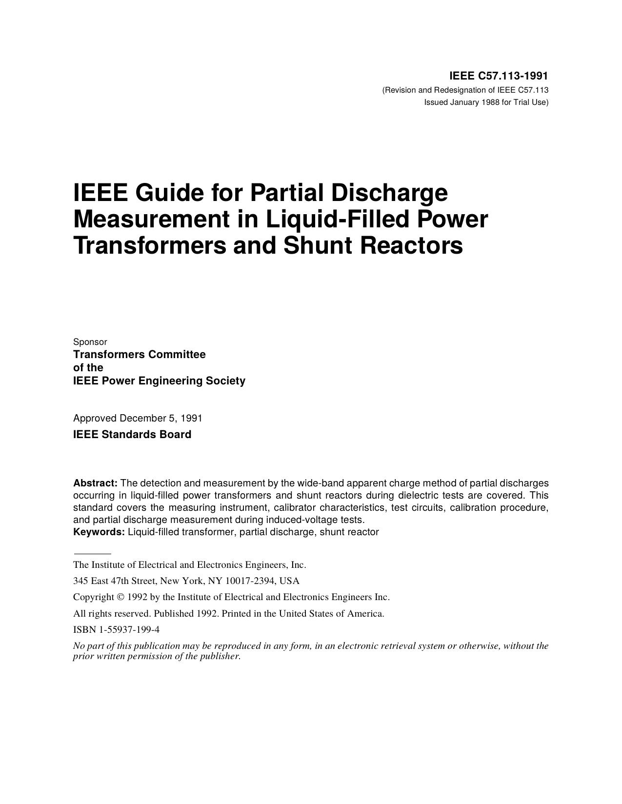 IEEE Std C57.113-1991, IEEE Guide for Partial Discharge Measurement in Liquid-Filled Power Transformers and Shunt Reactors by Unknown