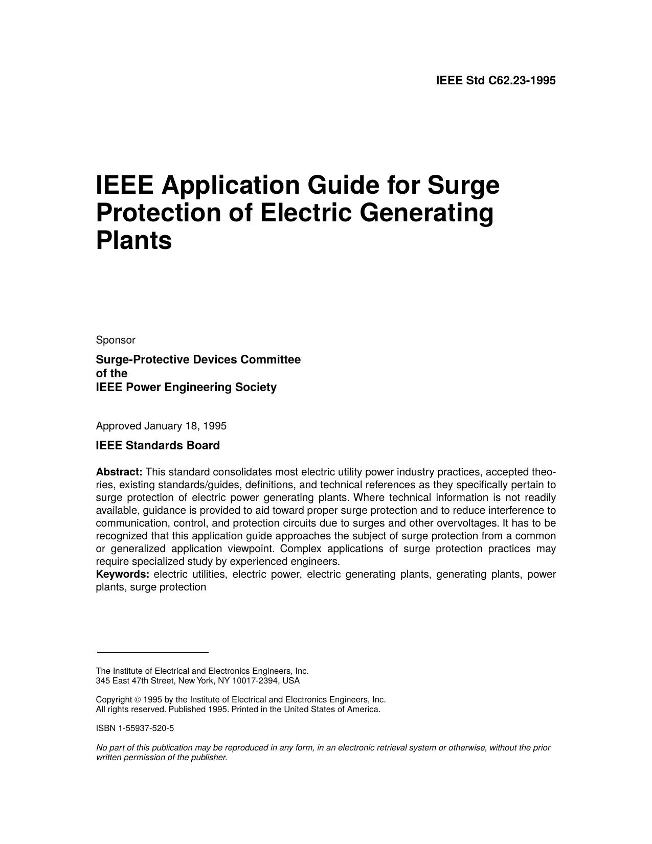 IEEE Std C62.23-1995 IEEE Application Guide for Surge Protection of Electric Generating Plants by Surge-Protective Devices Committee of the IEEE Power Engineering Society