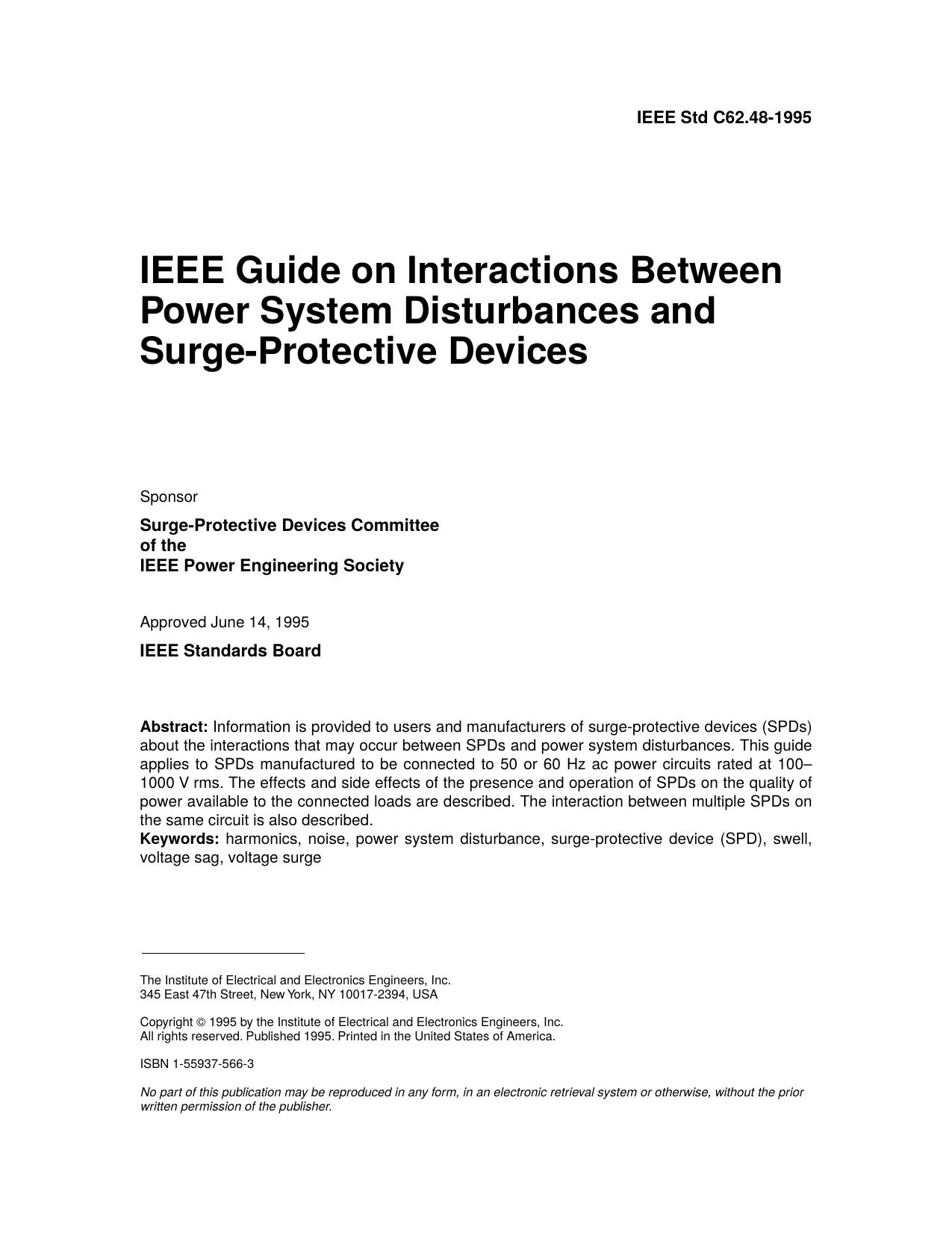 IEEE Std C62.48-1995 IEEE Guide on Interactions Between Power System Disturbances and Surge-Protective Devices by Surge-Protective Devices Committee of the IEEE Power Engineering Society
