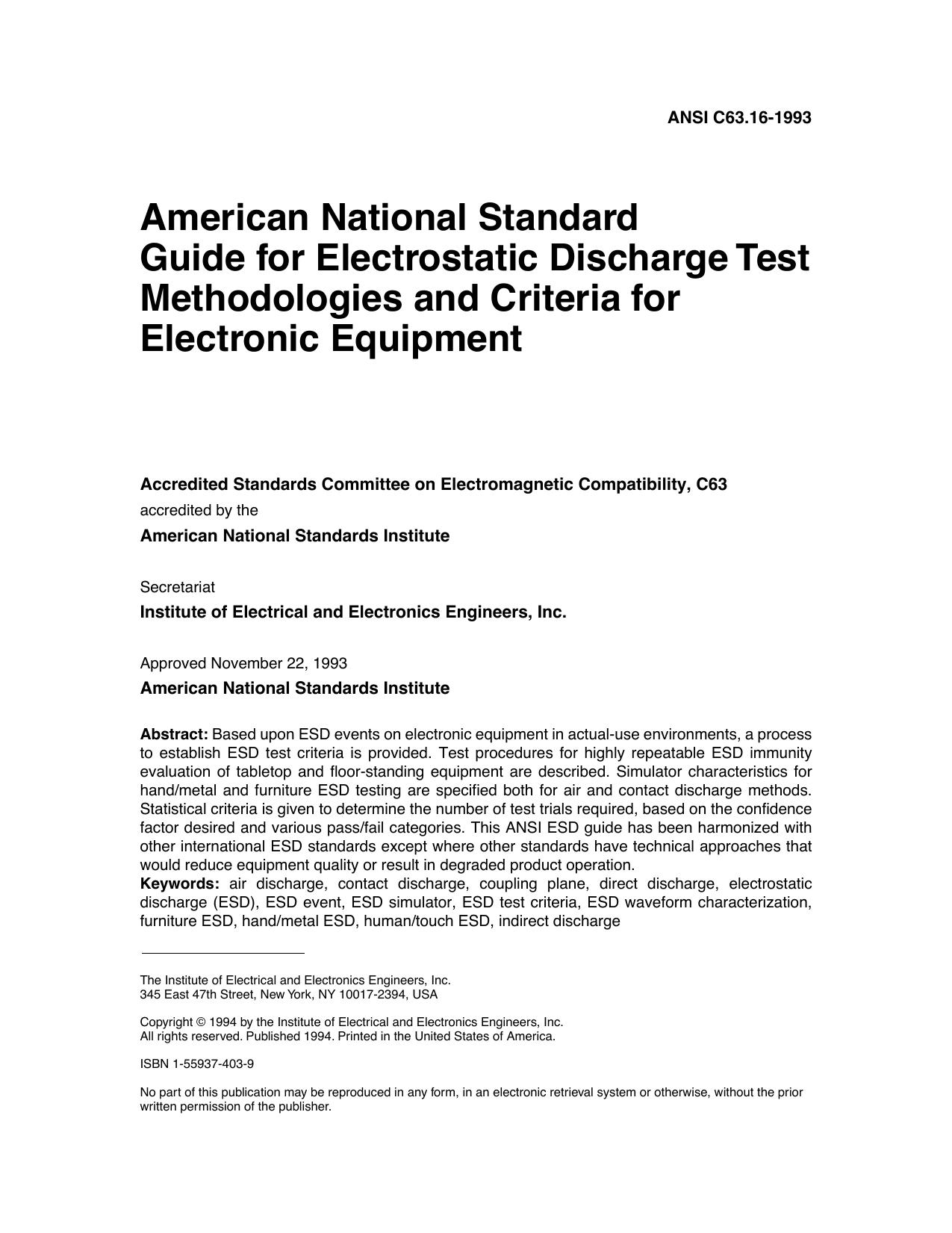 IEEE Std C63.16-1993 American National Standard Guide for Electrostatic Discharge Test Methodologies and Criteria for Electronic Equipment by unknow