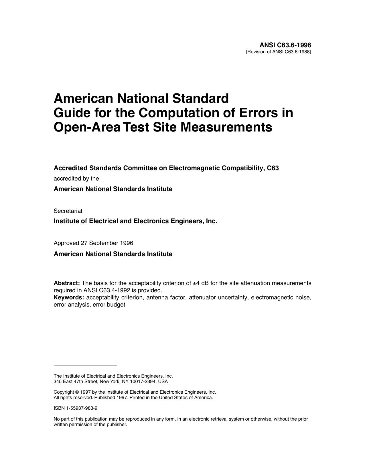 IEEE Std C63.6-1996 Revision of ANSI C63.6-1988 American National StandardGuide for the Computation of Errors in Open-Area Test Site Measurements by unknow