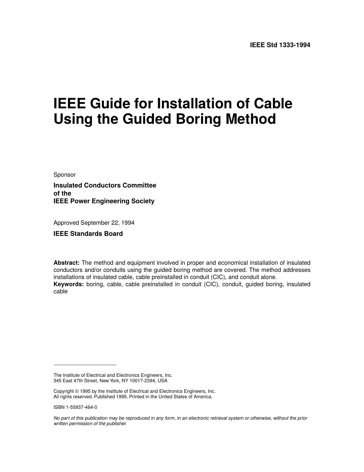 IEEE Std1333-1994, IEEE Guide for Installation of Cable Using the Guided Boring Method by Insulated Conductors Committee of the IEEE Power Engineering Society
