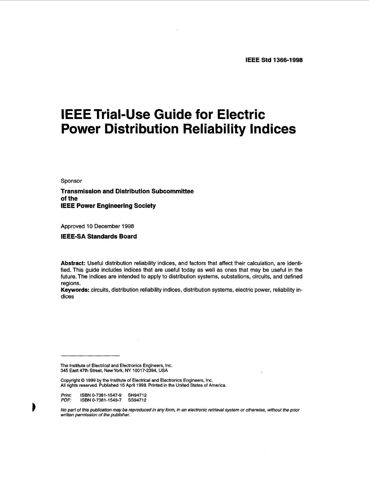 IEEE Trial-Use Guide for Electric Power Distribution Reliability Indices - IEEE Std 1366-1998 by IEEE