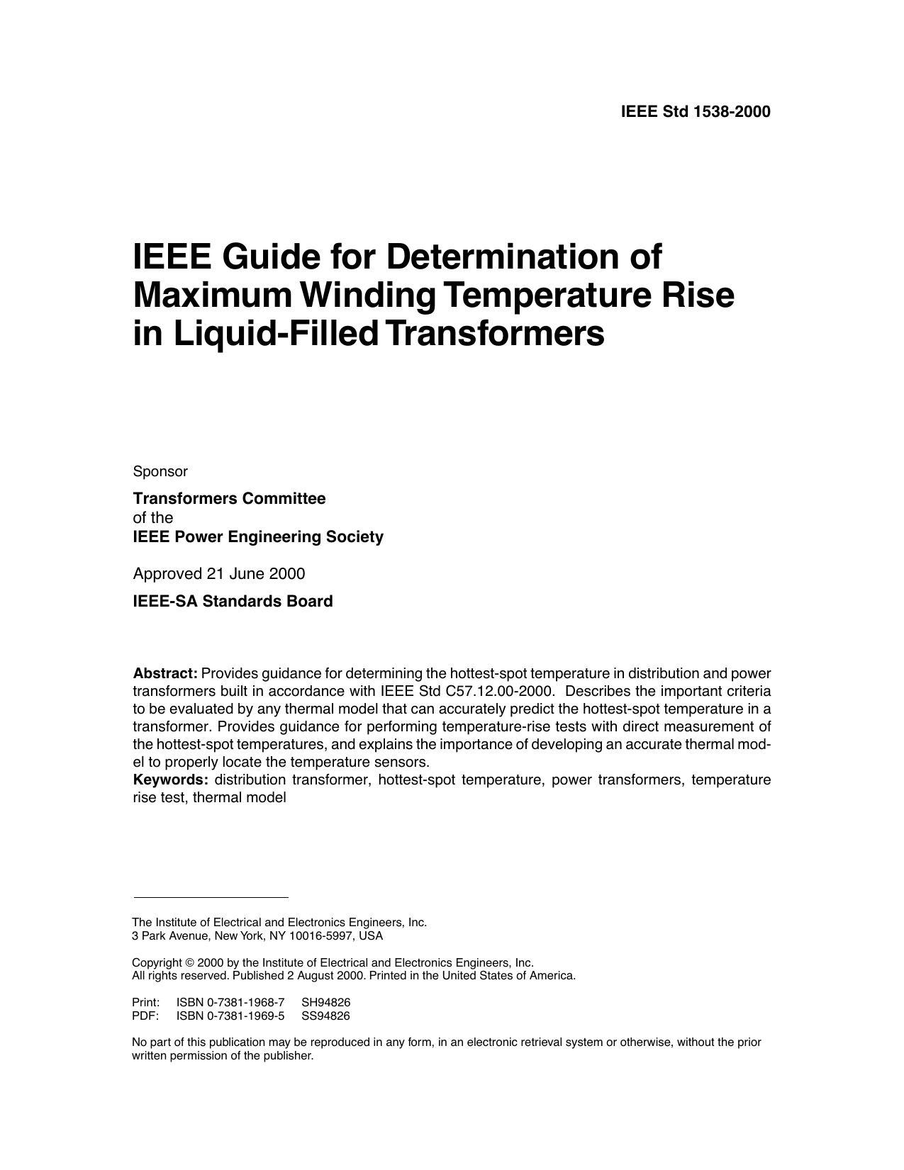 IEEE guide for determination of maximum winding temperature rise in liquid-filled transformers - IEEE Std 1538-2000 by IEEE