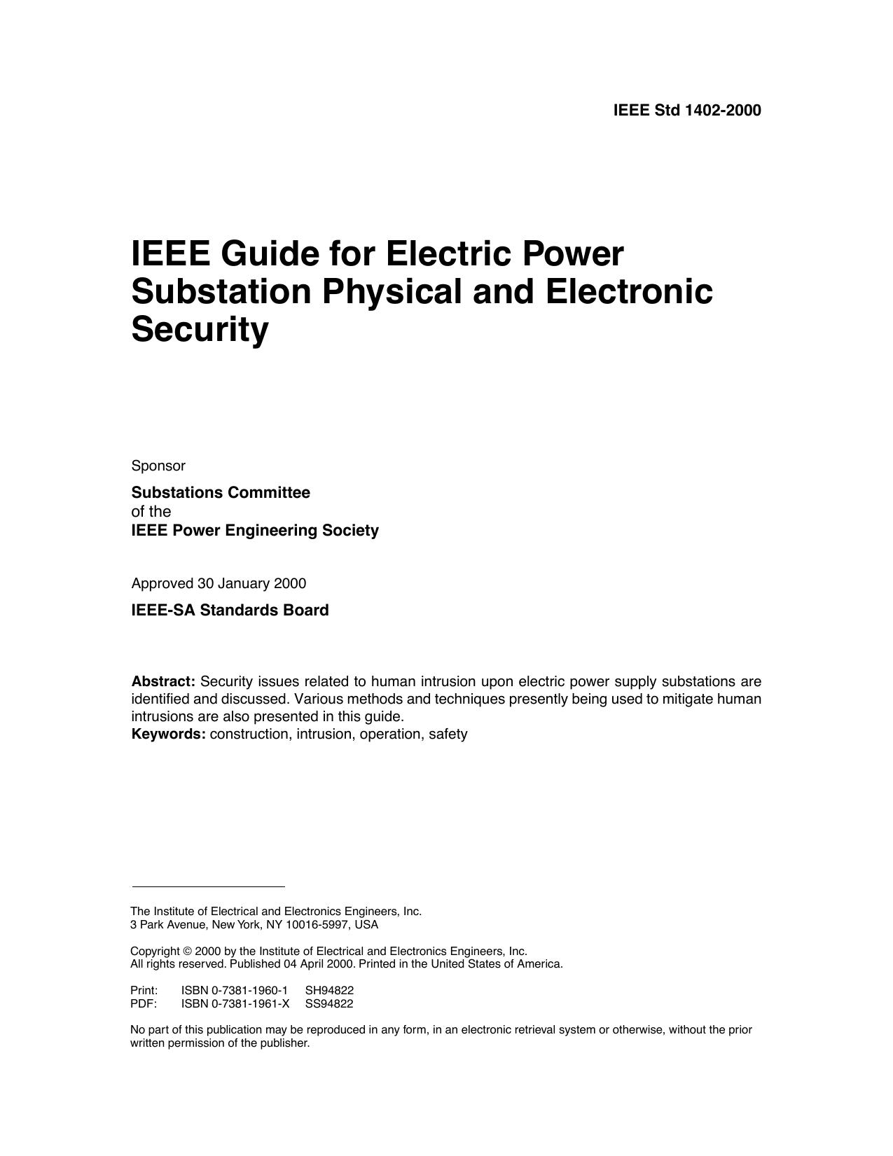 IEEE guide for electric power substation physical and electronic security - IEEE Std 1402-2000 by IEEE