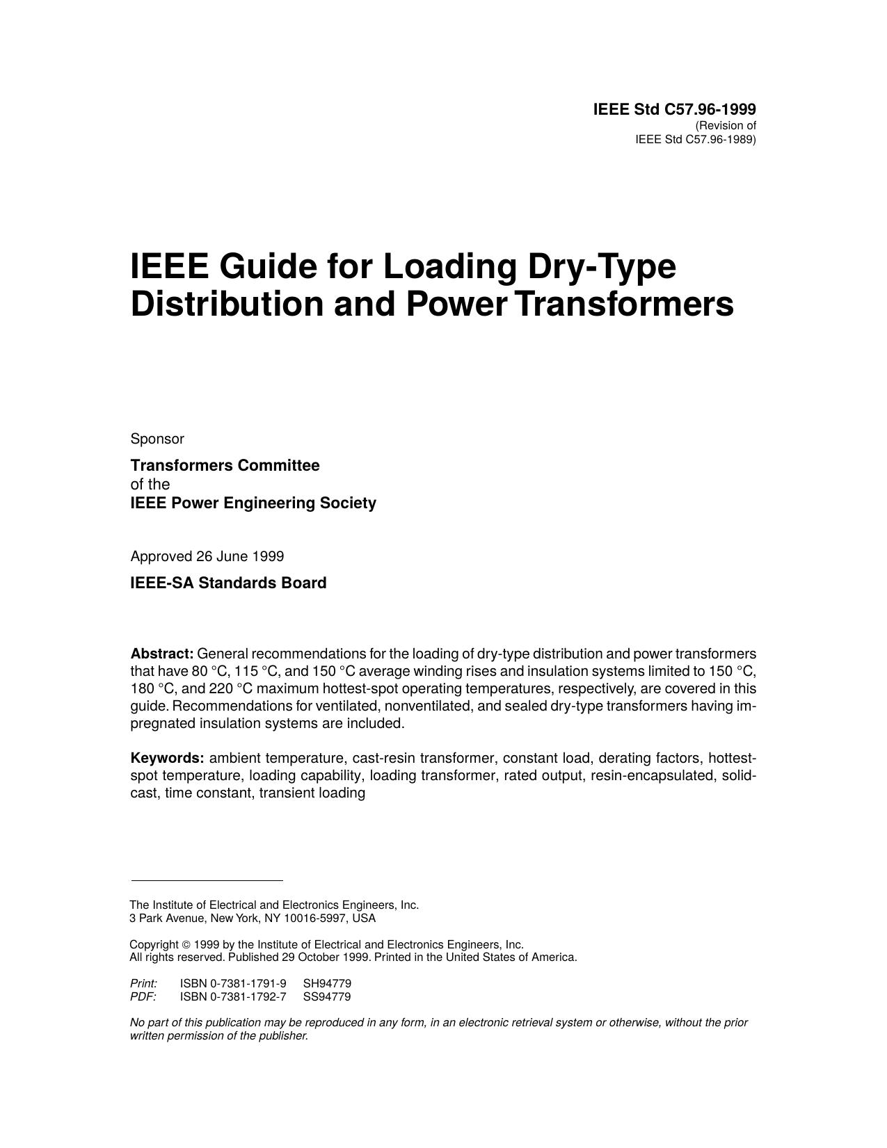 IEEE guide for loading dry-type distribution and power transformers - IEEE Std C57.96-1999 by IEEE