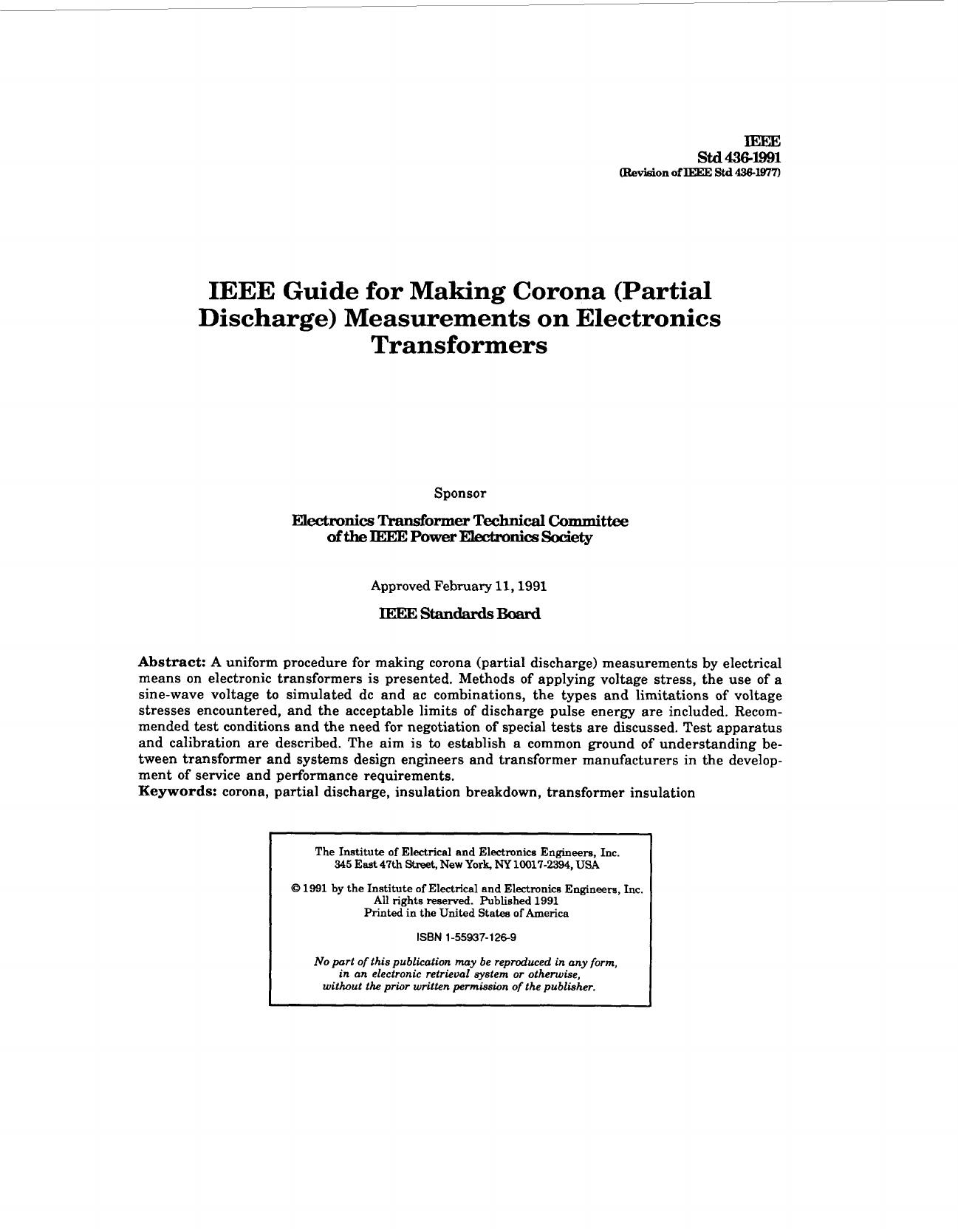 IEEE guide for making corona (partial discharge) measurements on electronics transformers - IEEE Std 436-1991 by IEEE