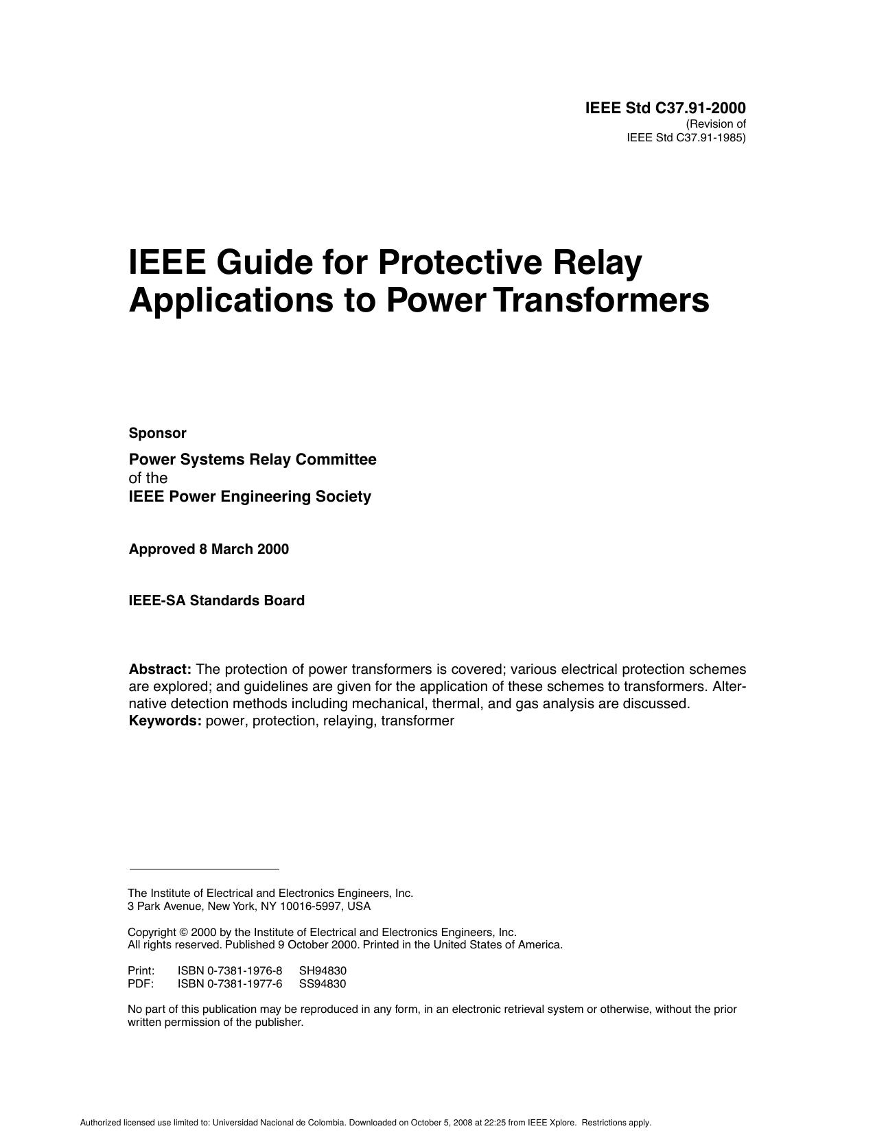 IEEE guide for protective relay applications to power transformers - IEE by IEEE
