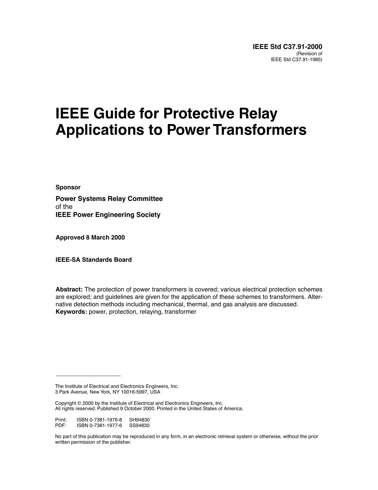 IEEE guide for protective relay applications to power transformers - IEEE Std C37-91-2000 by IEEE