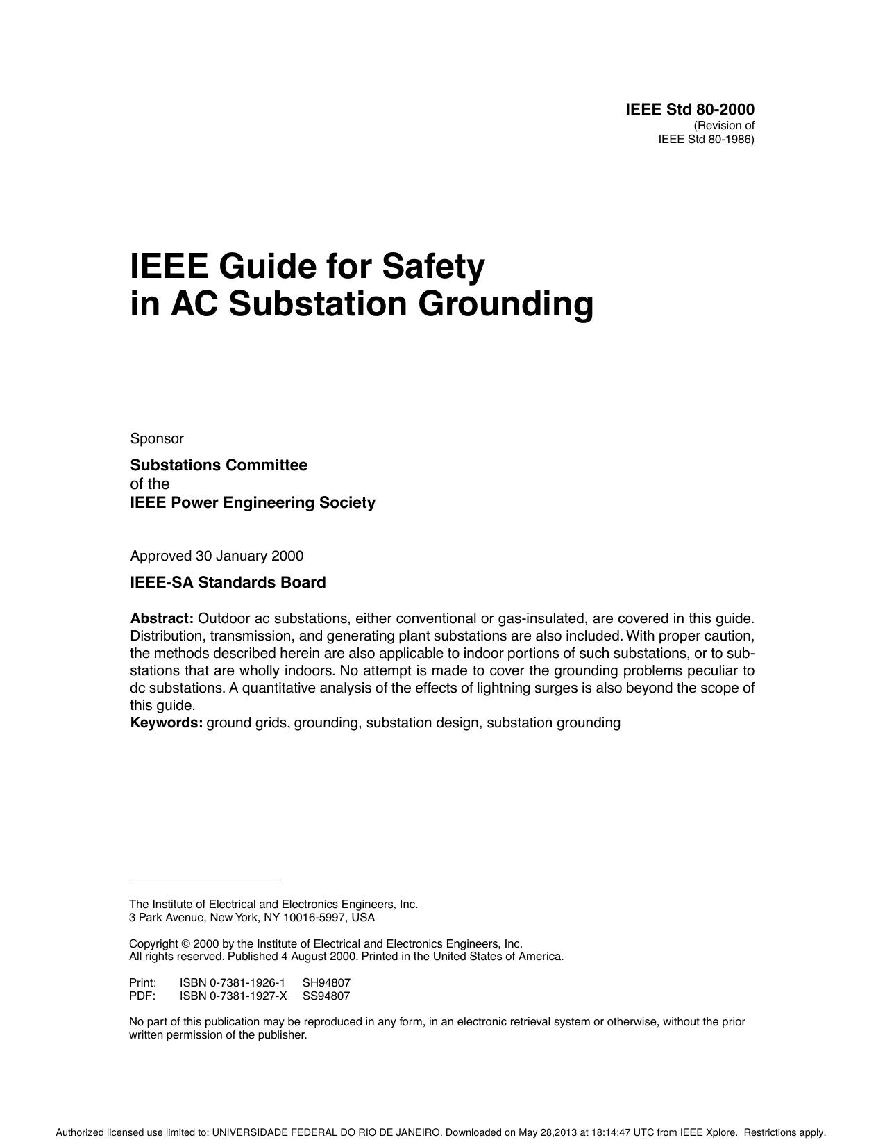 IEEE guide for safety in AC substation grounding - IEEE Std 80-2000 by Unknown