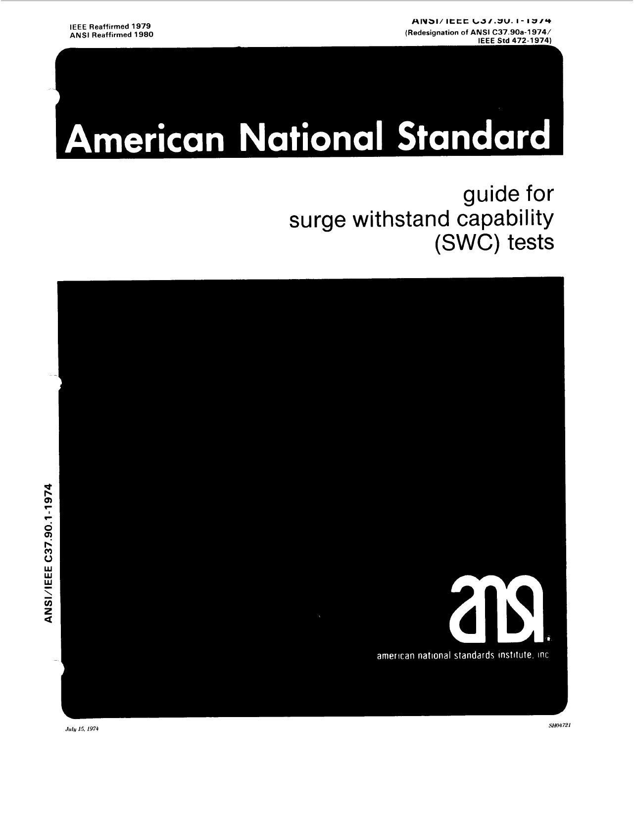 IEEE guide for surge withstand capability (SWS) tests - ANSIIEEE Std C37.90.1-1974 by IEEE