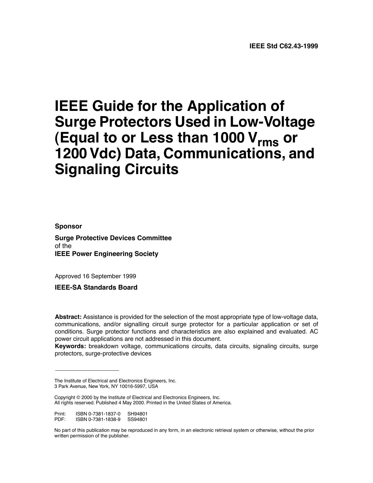 IEEE guide for the application of surge protectors used in low-voltage (equal to or less than 1000 V - IEEE Std C62.43-1999 by IEEE