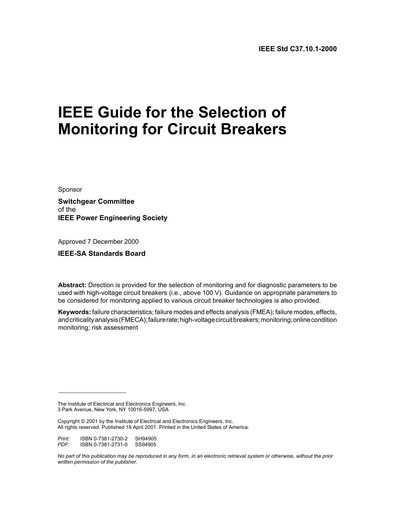 IEEE guide for the selection of monitoring for circuit breakers - IEEE Std C37.10.1-2000 by Unknown