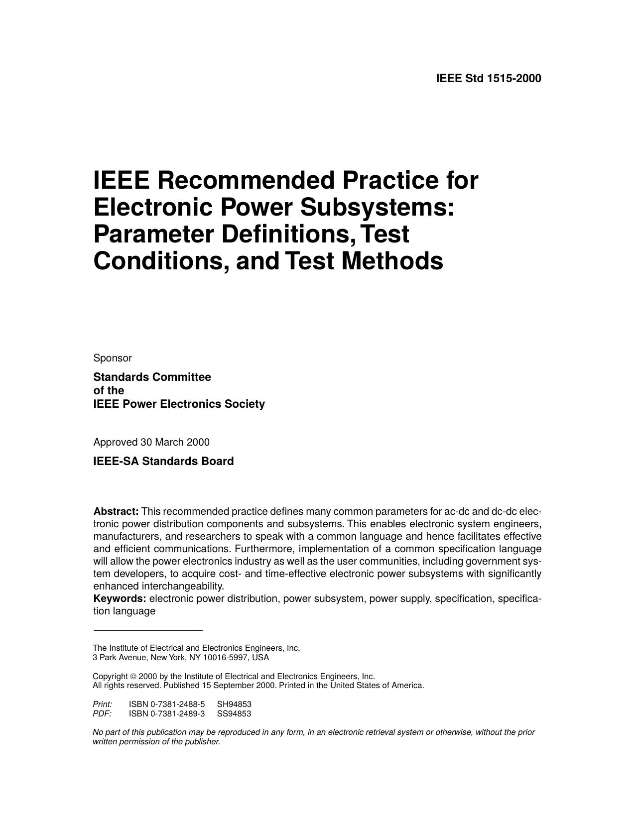 IEEE recommended practice for electronic power subsystems: parameter definitions, test conditions, a - IEEE Std 1515-2000 by IEEE