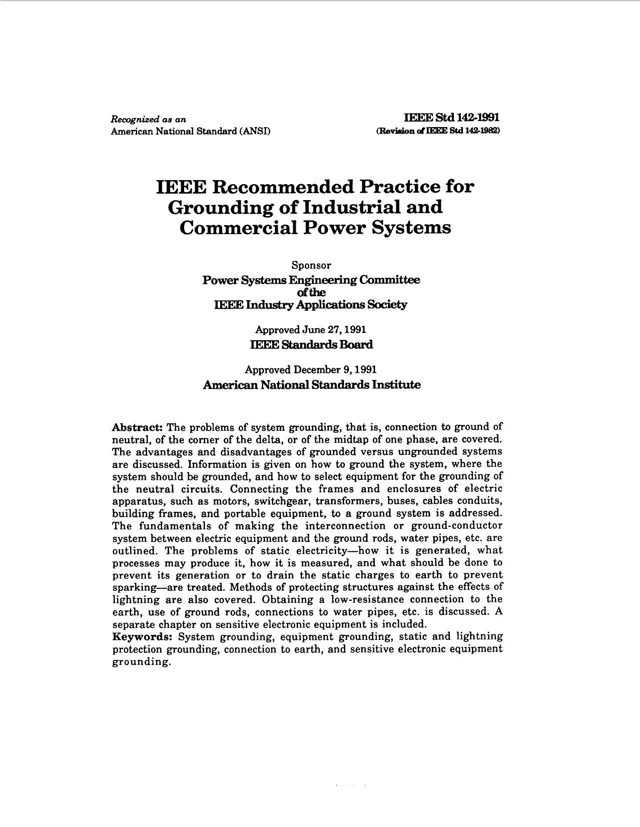 IEEE recommended practice for grounding of industrial and commercial power systems - IEEE Std 142-1991 by IEEE