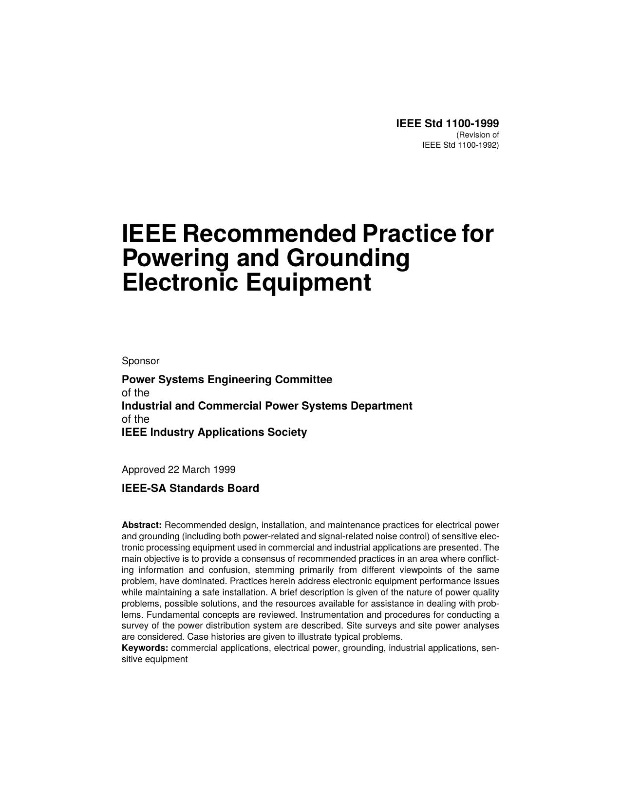 IEEE recommended practice for powering and grounding electronic equipment - IEEE Std 1100-1999 by IEEE