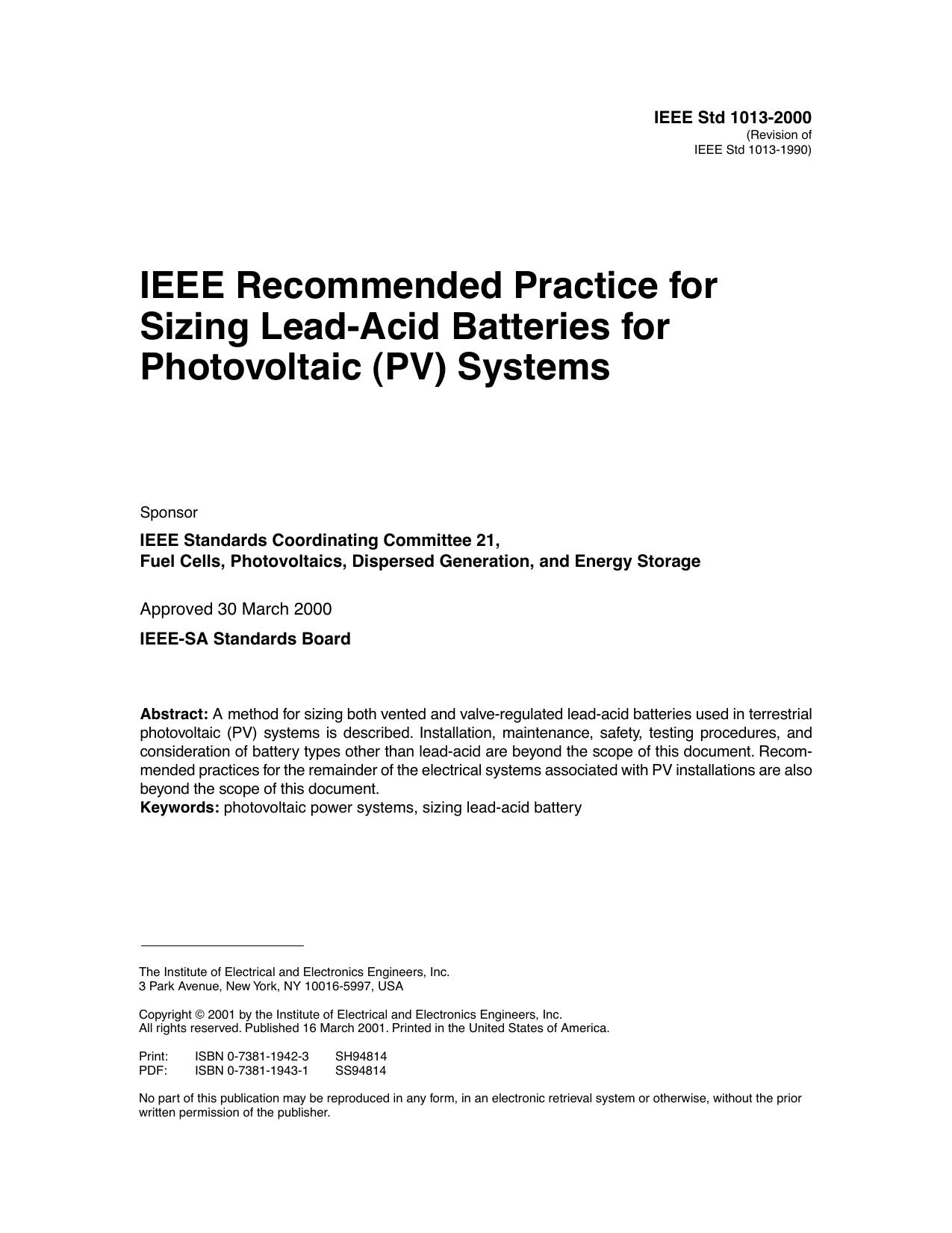 IEEE recommended practice for sizing lead-acid batteries for photovoltaic (PV) systems - IEEE Std 1013-2000 by IEEE