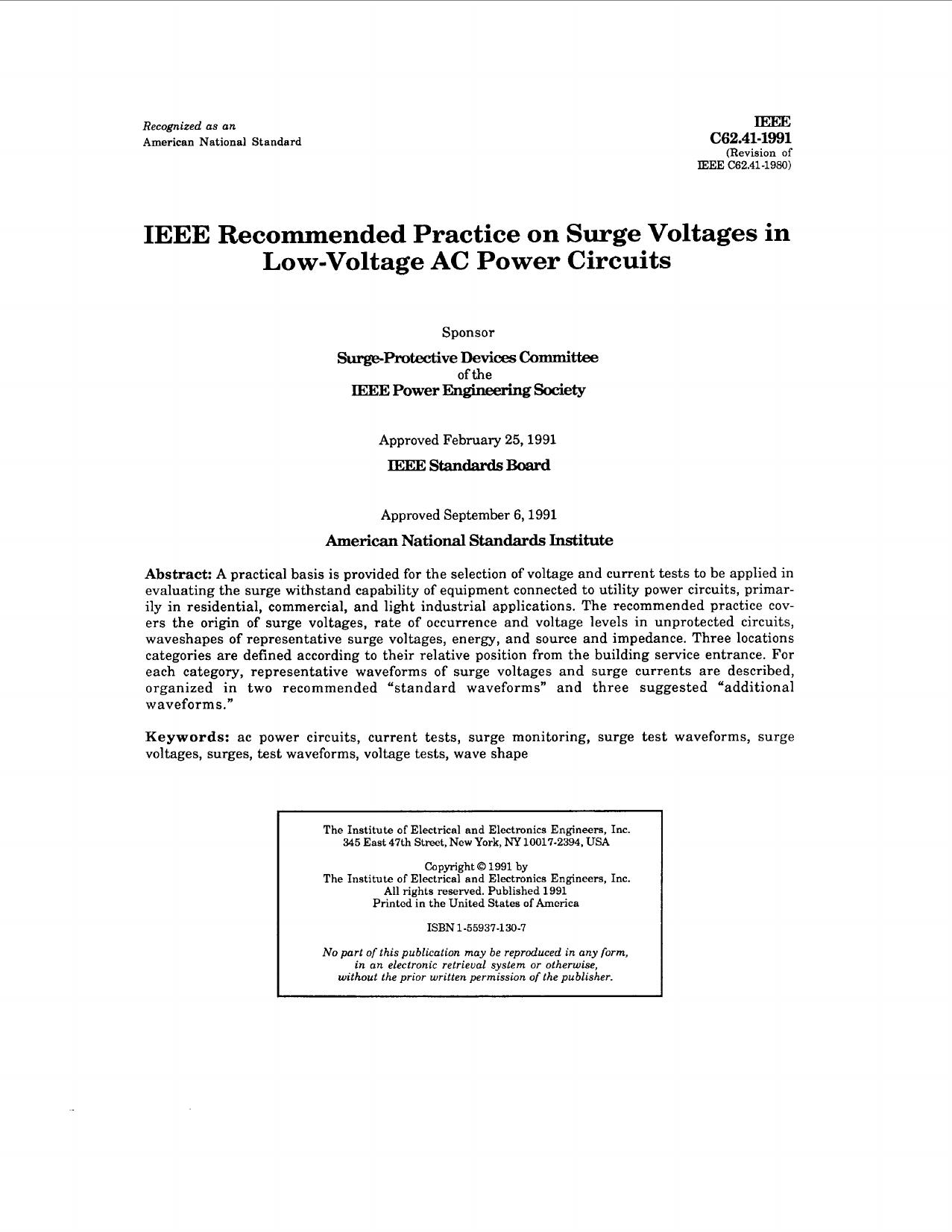 IEEE recommended practice on surge voltages in low-voltage AC power circuits - IEEE Std C62.41-1991 by IEEE