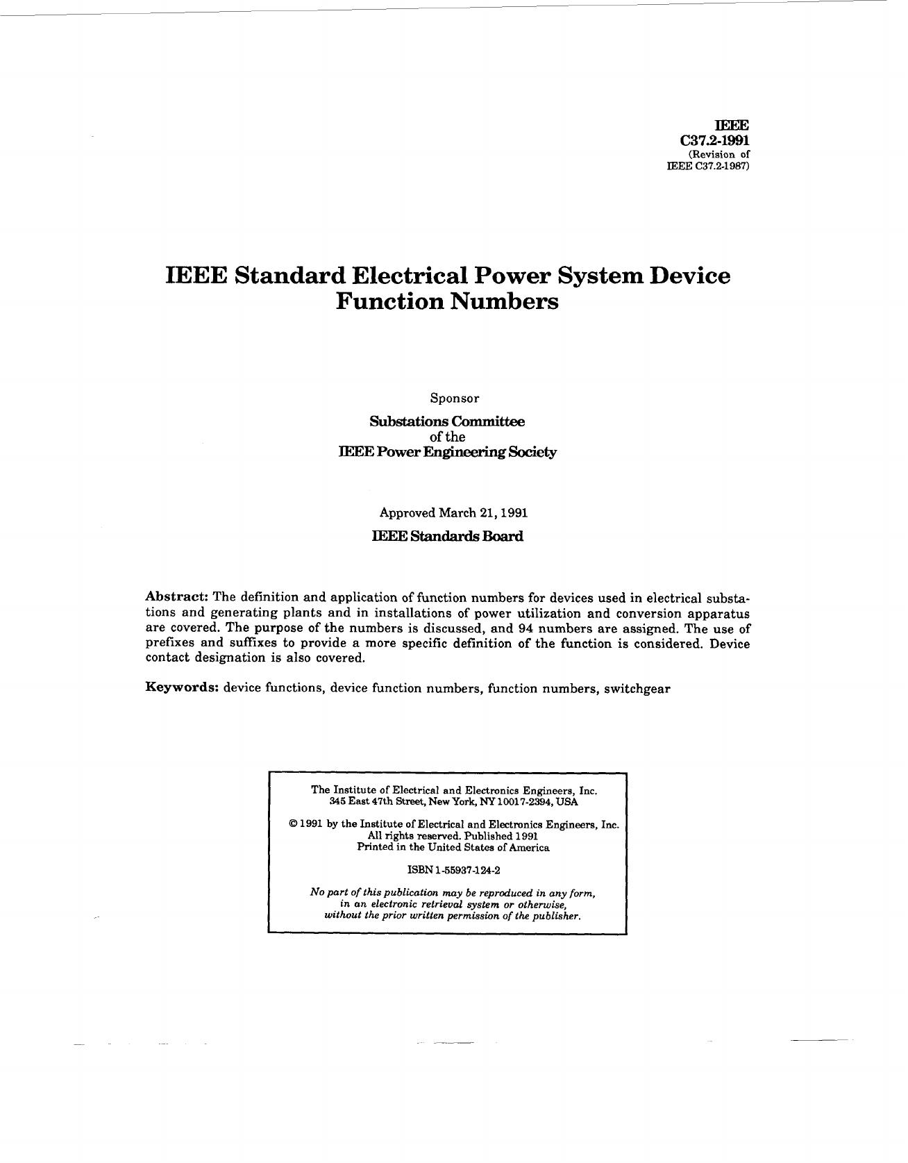 IEEE standard electrical power system device function numbers - IEEE Std C37.2-1991 by IEEE