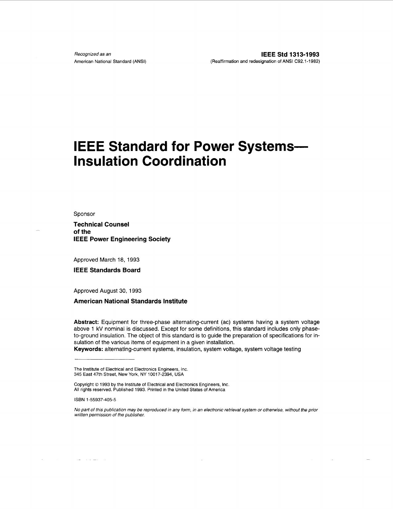 IEEE standard for power systems - insulation coordination. - IEEE Std 1313-1993 by IEEE