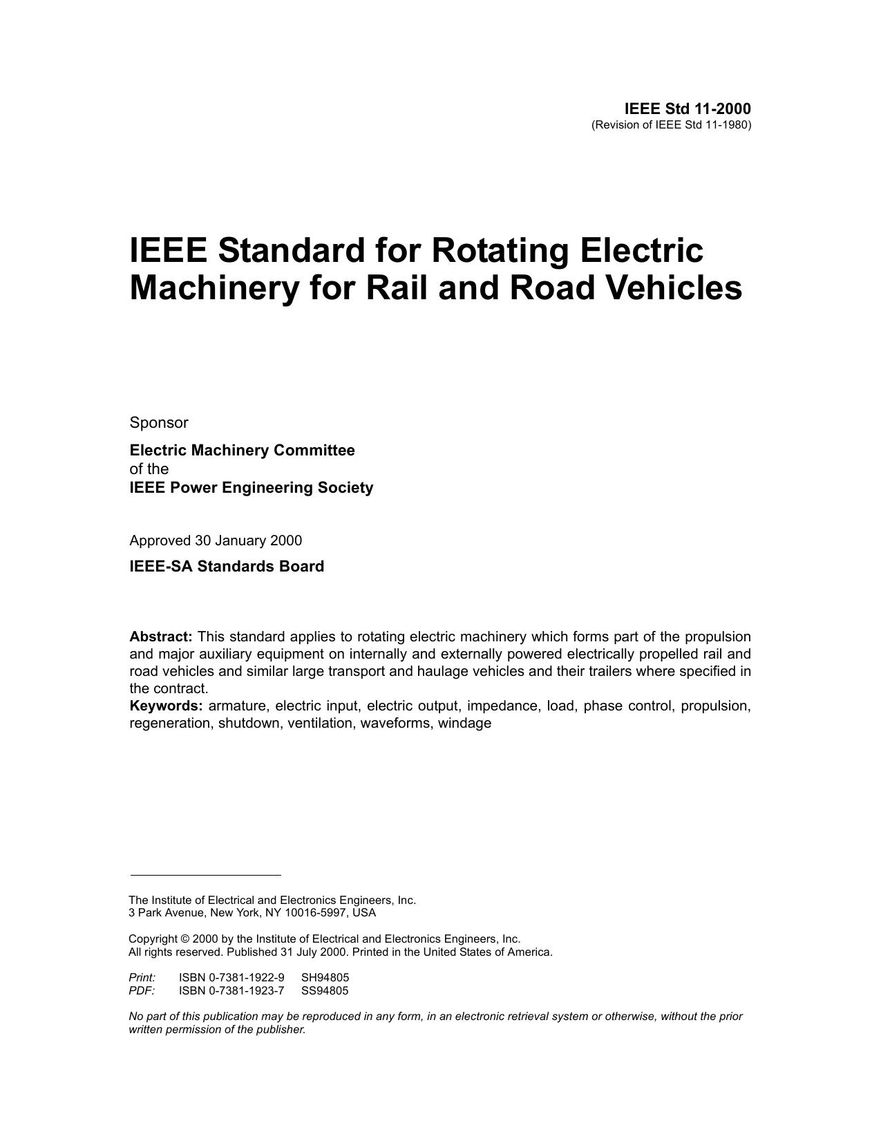IEEE standard for rotating electric machinery for rail and road vehicles - IEEE Std 11-2000 by IEEE