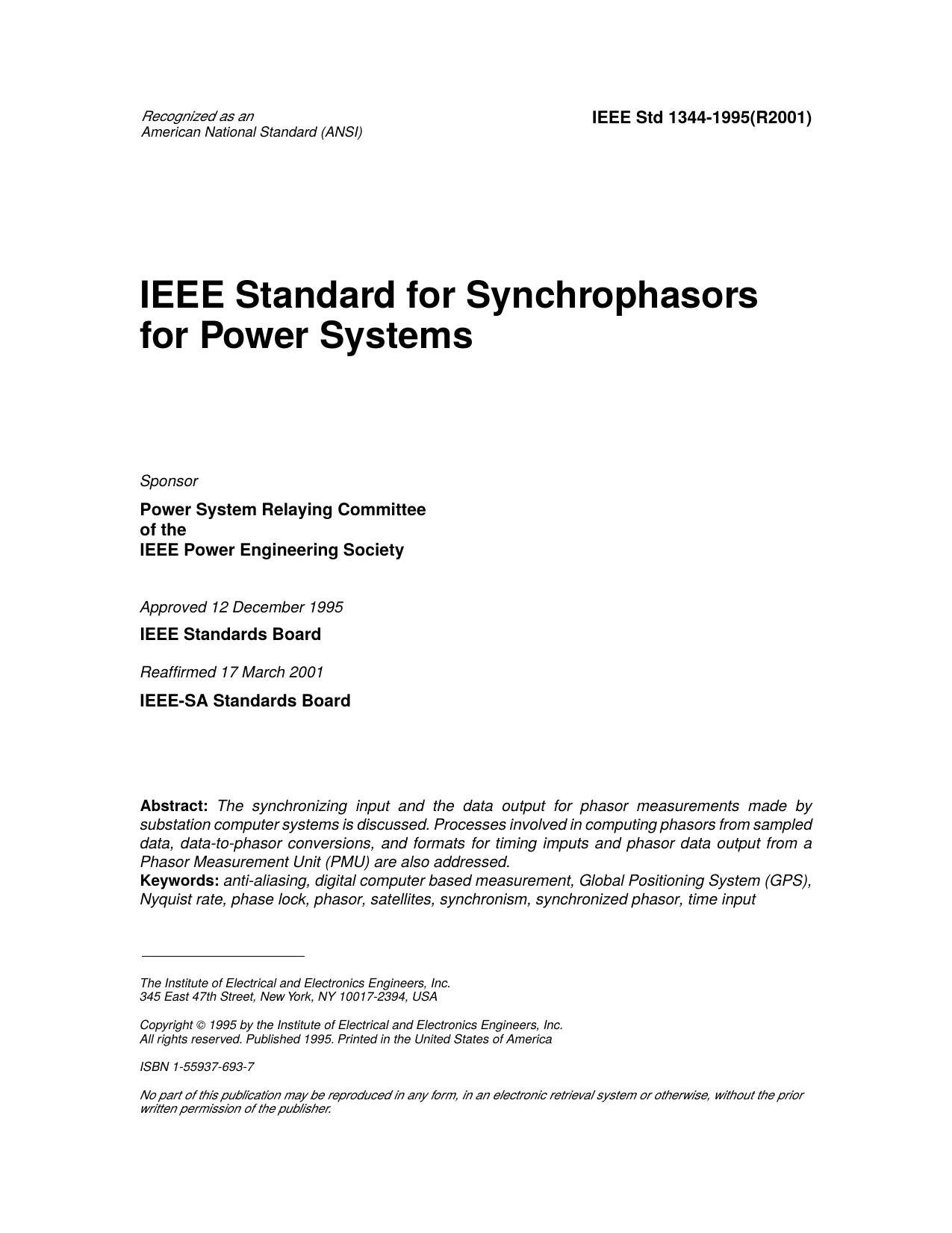 IEEE standard for synchrophasors for power systems - IEEE Std 1344-1995(R2001) by Unknown