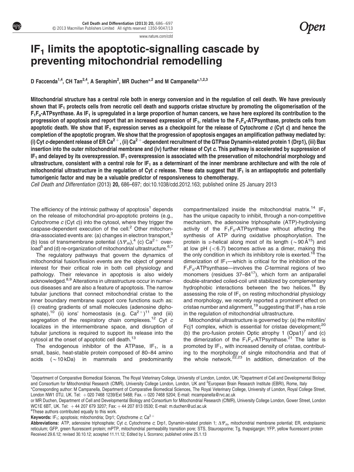 IF1 limits the apoptotic-signalling cascade by preventing mitochondrial remodelling by D Faccenda & C H Tan & A Seraphim & M R Duchen & M Campanella
