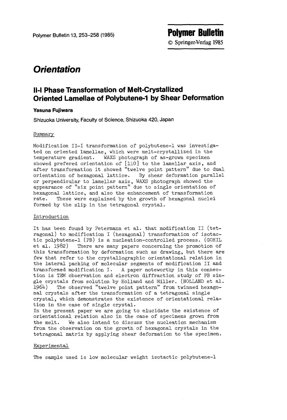 II-I phase transformation of melt-crystallized oriented lamellae of polybutene-1 by shear deformation by Unknown