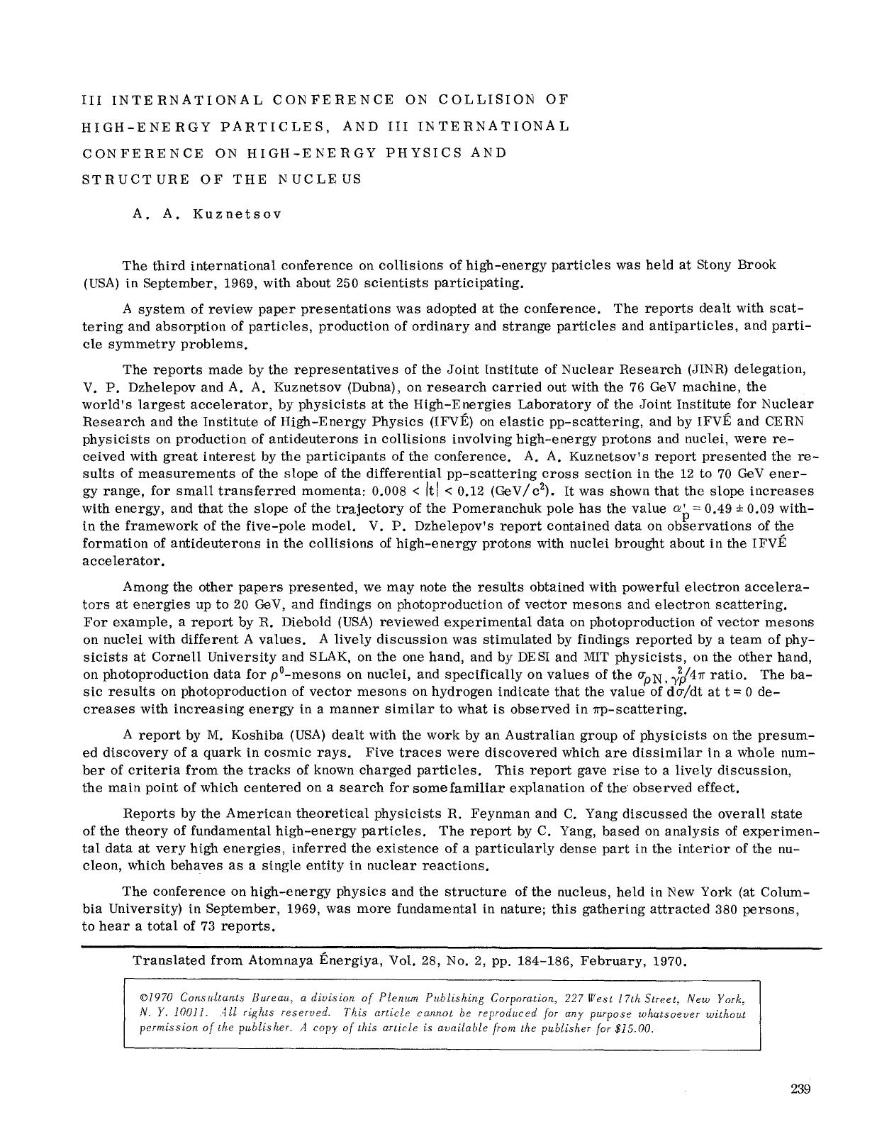 III International Conference on Collision of high-Energy Particles, and III International Conference on high-Energy Physics and Structure of the Nucleus by Unknown