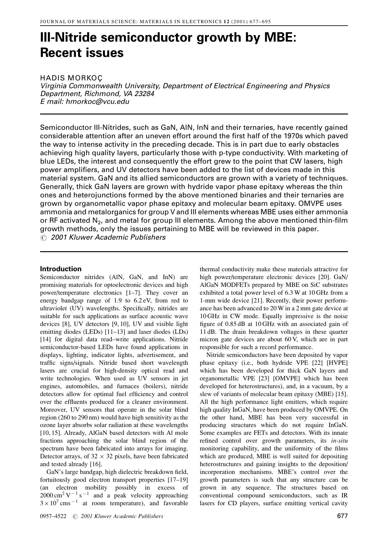 III-Nitride semiconductor growth by MBE: Recent issues by Unknown