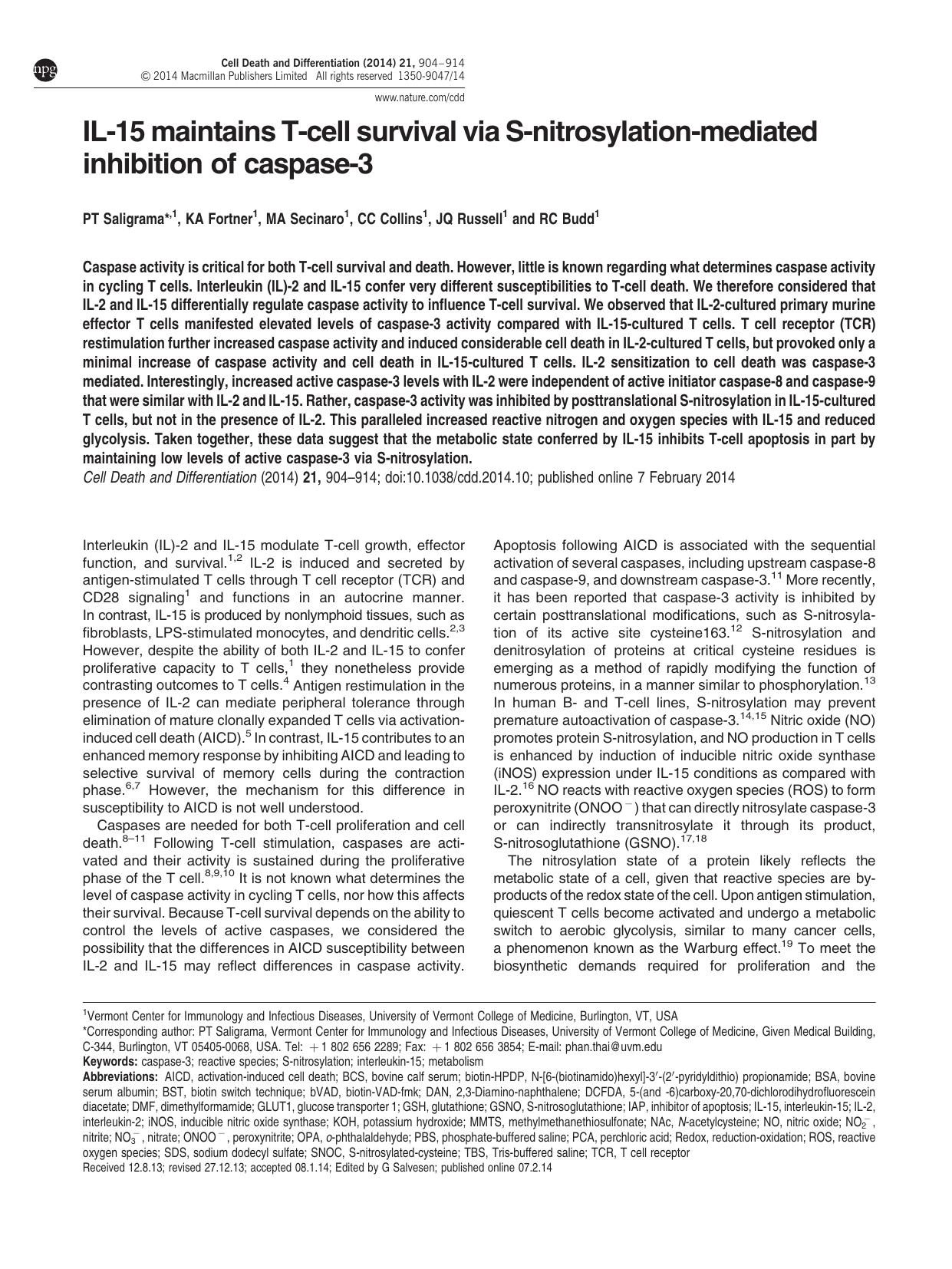 IL-15 maintains T-cell survival via S-nitrosylation-mediated inhibition of caspase-3 by P T Saligrama & K A Fortner & M A Secinaro & C C Collins & J Q Russell & R C Budd &