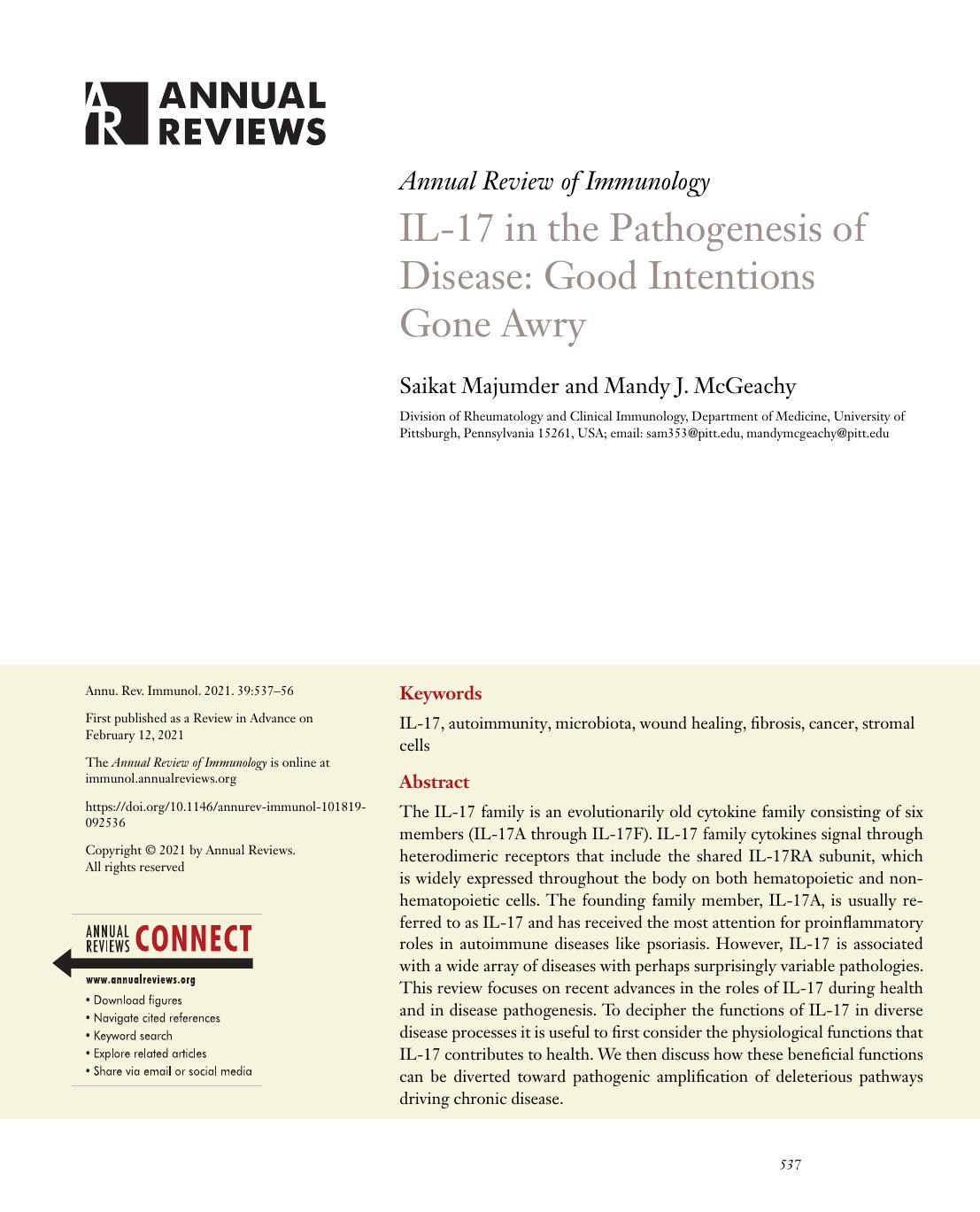 IL-17 in the Pathogenesis of Disease: Good Intentions Gone Awry by Saikat Majumder and Mandy J. McGeachy