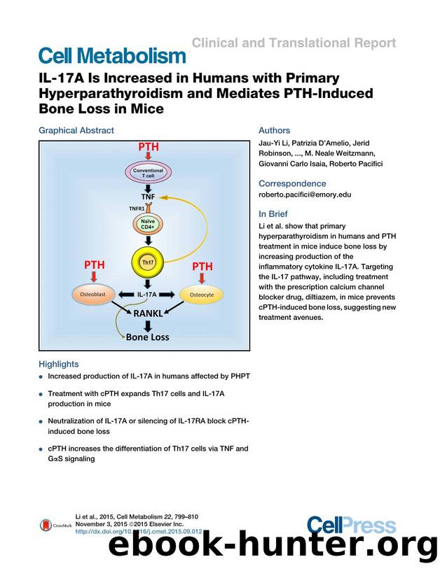 IL-17A Is Increased in Humans with Primary Hyperparathyroidism and Mediates PTH-Induced Bone Loss in Mice by unknow