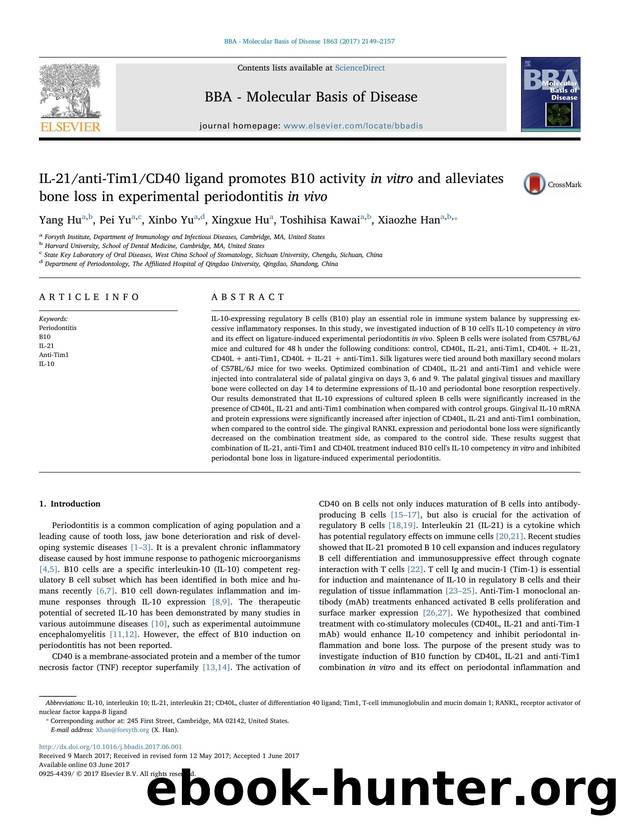 IL-21anti-Tim1CD40 ligand promotes B10 activity in vitro and alleviates bone loss in experimental periodontitis in vivo by Yang Hu & Pei Yu & Xinbo Yu & Xingxue Hu & Toshihisa Kawai & Xiaozhe Han