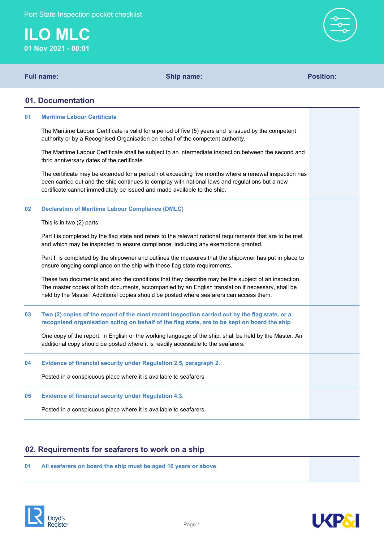 ILO and MLC Pocket Checklist by Lloyd’s Register and UK P&&I Club