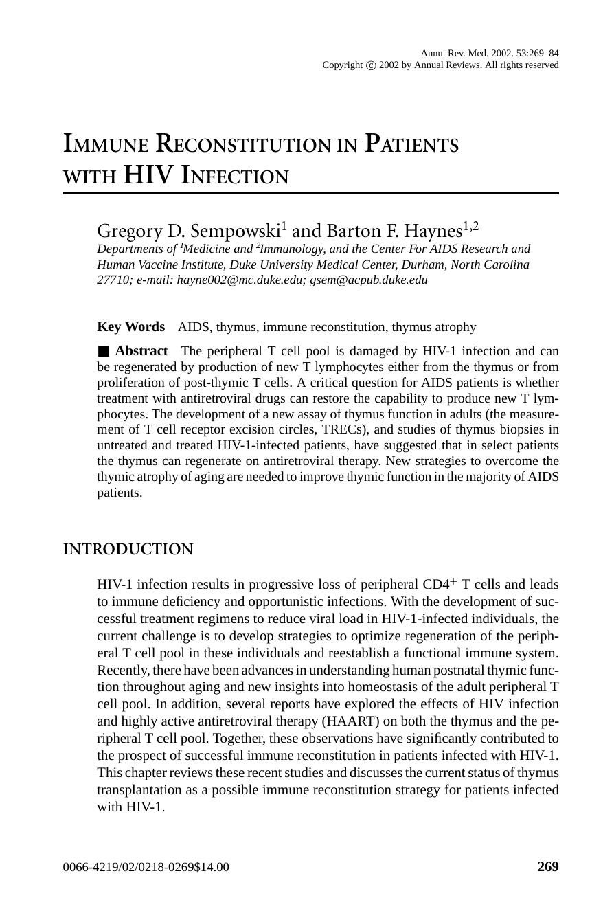 IMMUNE RECONSTITUTION IN PATIENTS WITH HIV INFECTION by Gregory D. Sempowski1 and Barton F. Haynes1 2