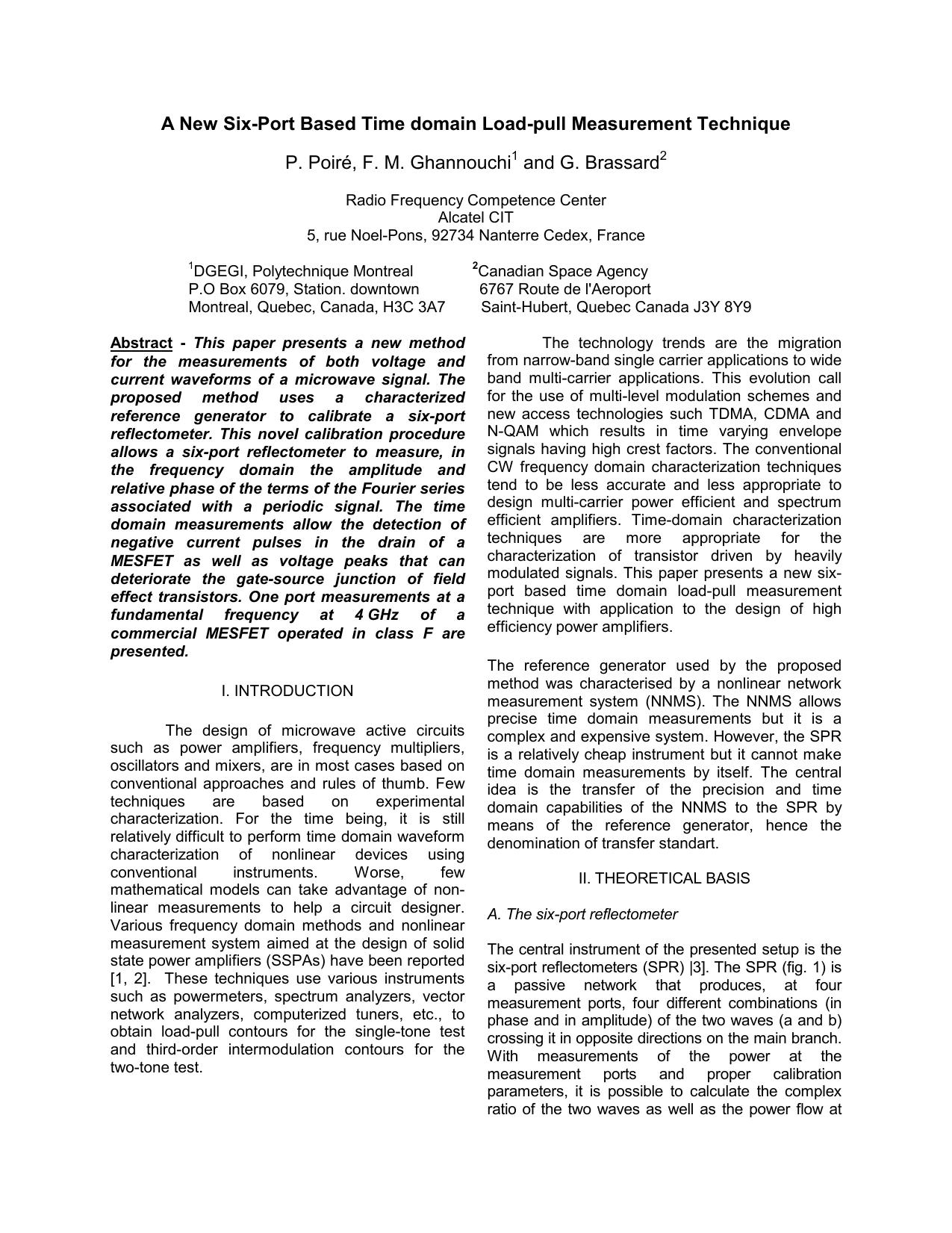 IMMUNITY OF SIX-PORT MEASUREMENT TECHNIQUES TO THE AM-PM NOISE OF THE MICROWAVE SIGNAL GENERATOR by Philippe et Isabelle