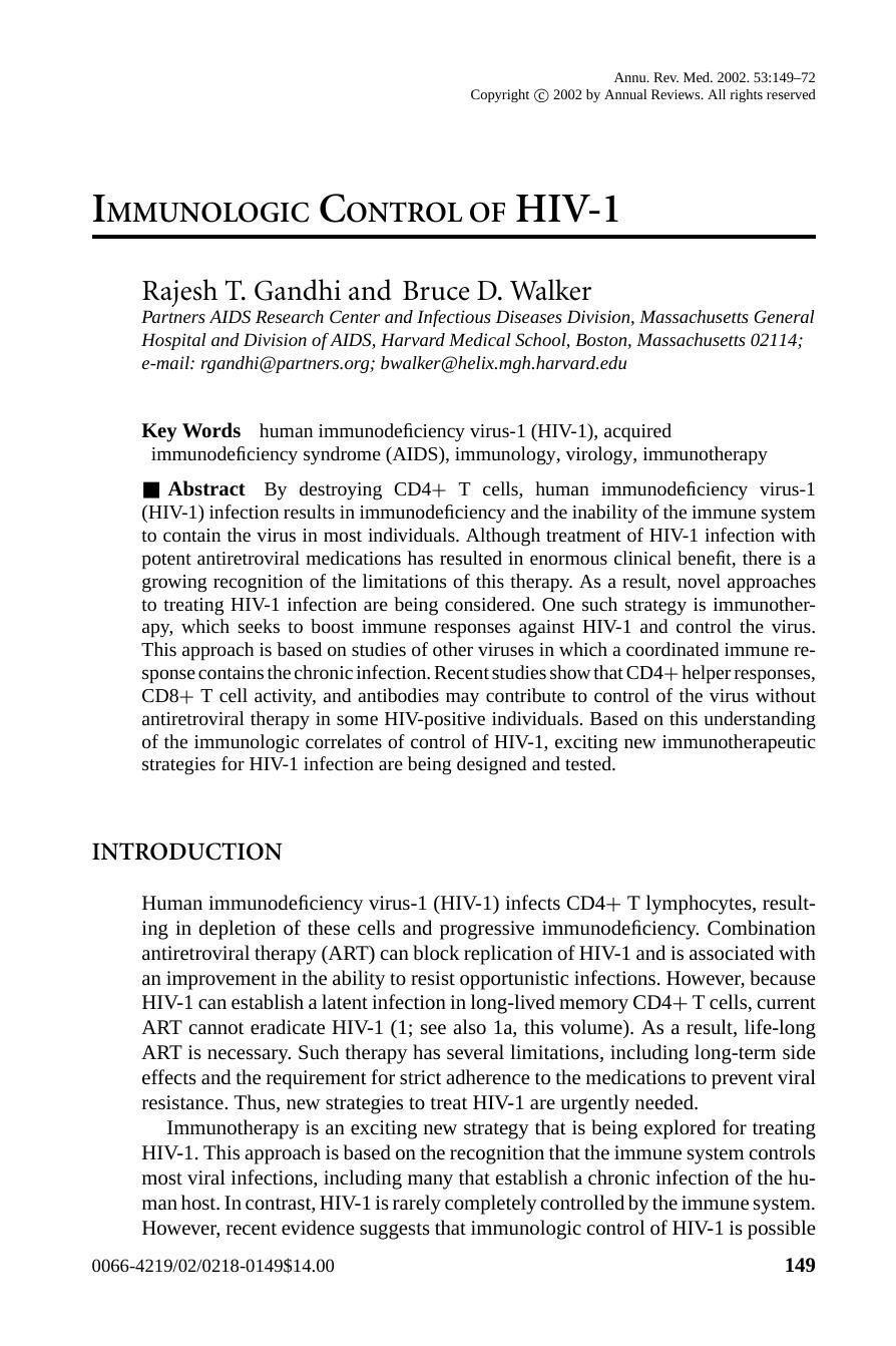 IMMUNOLOGIC CONTROL OF HIV-1 by Rajesh T. Gandhi and Bruce D. Walker
