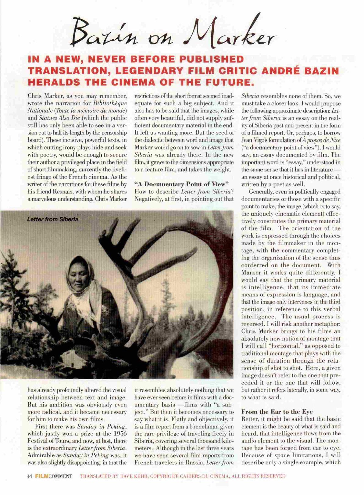 IN A NEW, NEVER BEFORE PUBLISHED TRANSLATION, LEGENDARY FILM CRITIC ANDR&Eacute; BAZIN HERALDS THE CINEMA OF THE FUTURE. by On Marker