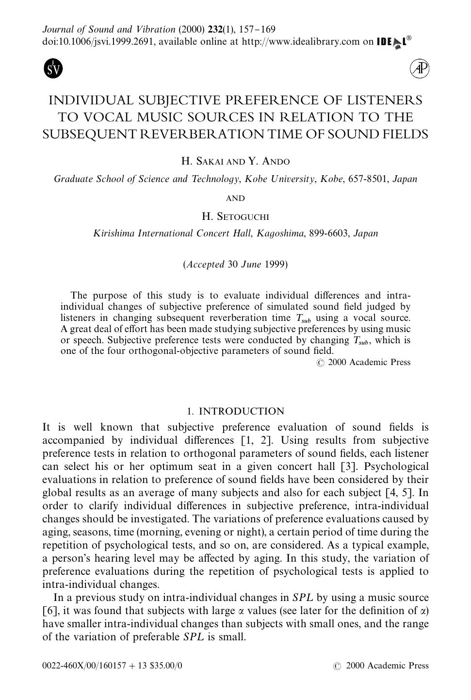 INDIVIDUAL SUBJECTIVE PREFERENCE OF LISTENERS TO VOCAL MUSIC SOURCES IN RELATION TO THE SUBSEQUENT REVERBERATION TIME OF SOUND FIELDS by SAKAI H. et al