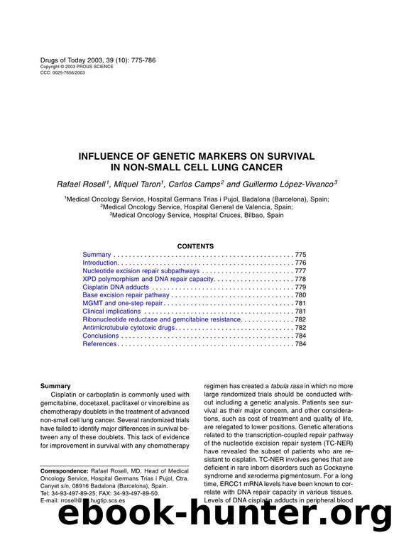 INFLUENCE OF GENETIC MARKERS ON SURVIVAL IN NON-SMALL CELL LUNG CANCER by Prous Science (c) 2003