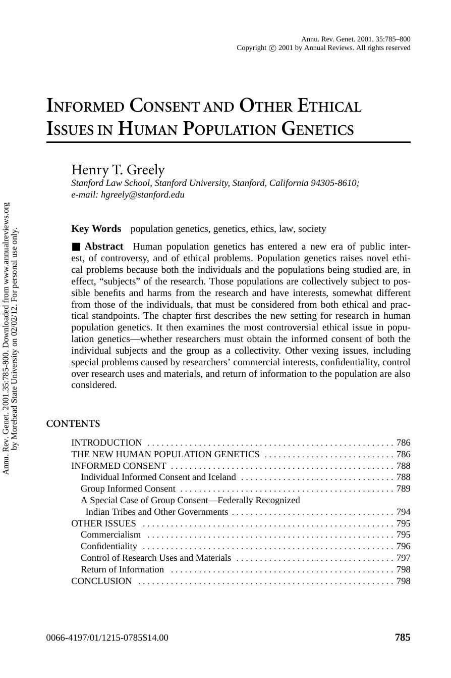 INFORMED CONSENT AND OTHER ETHICAL ISSUES IN HUMAN POPULATION GENETICS by Henry T. Greely