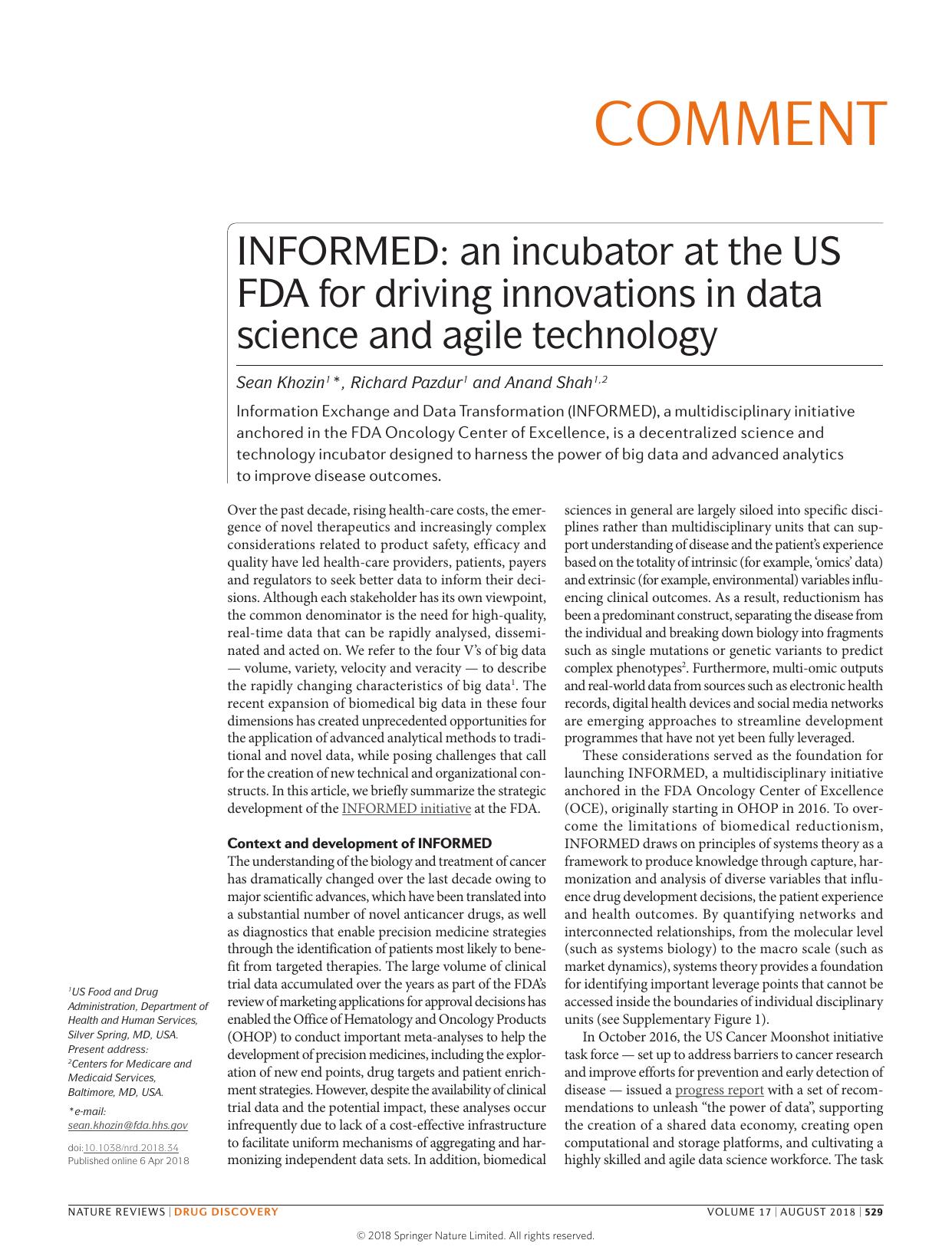 INFORMED: an incubator at the US FDA for driving innovations in data science and agile technology by Sean Khozin & Richard Pazdur & Anand Shah