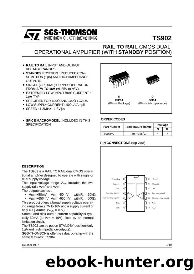 INPUTOUTPUT RAIL TO RAIL DUAL CMOS OP-AMPS (WITH STANDBY POSITION) by STMicroelectronics