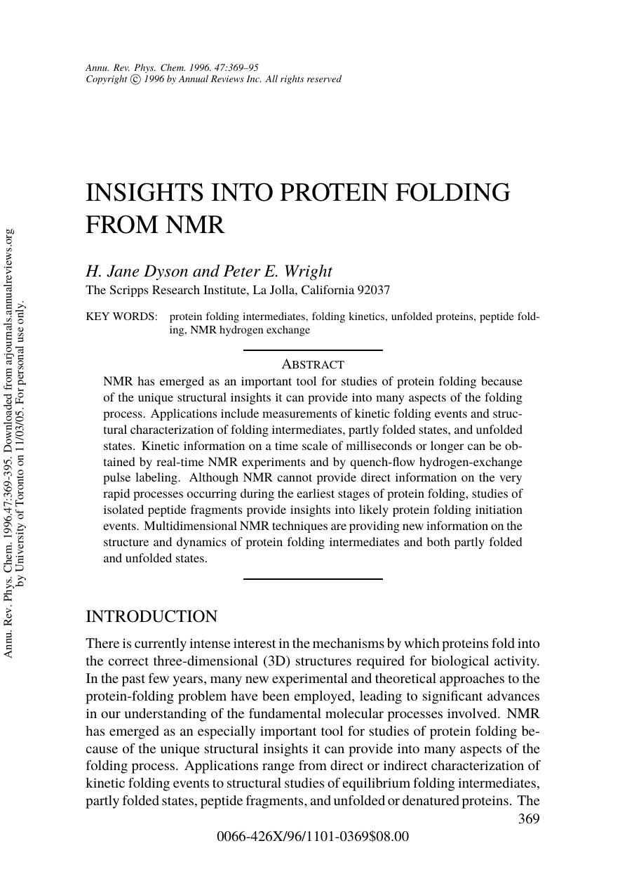 INSIGHTS INTO PROTEIN FOLDING FROM NMR by H. Jane Dyson & Peter E. Wright