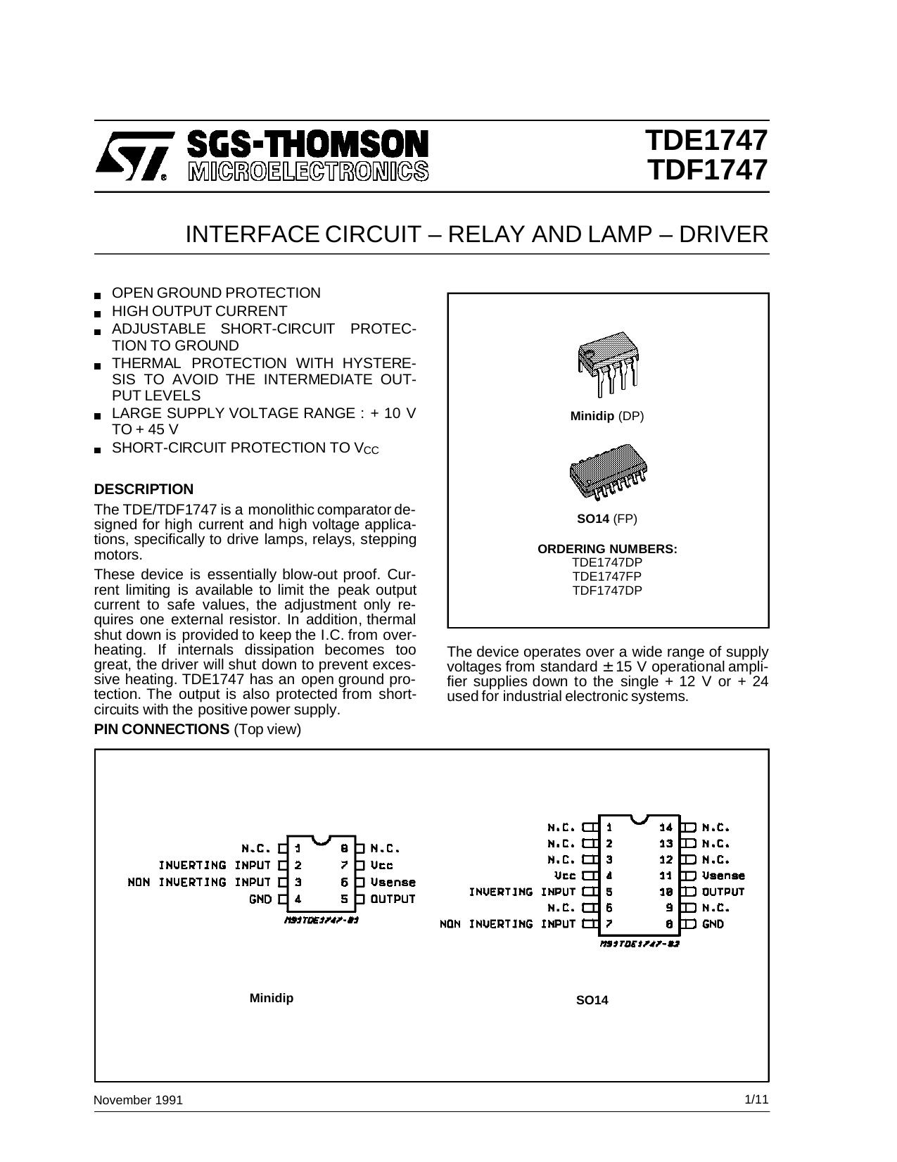 INTERFACE CIRCUIT - RELAY AND LAMP - DRIVER by SGS-THOMSON Microelectronics